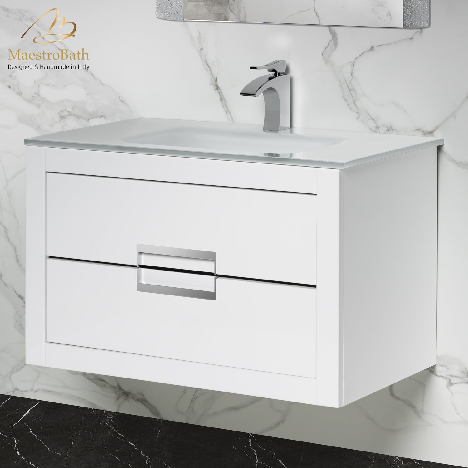 Alternate Image for MaestroBath Dante 32" Modern Bathroom Vanity, White and Silver, Wall-mounted, Glass Top: Integrated, Wood, VANK-DNTI-WS8
