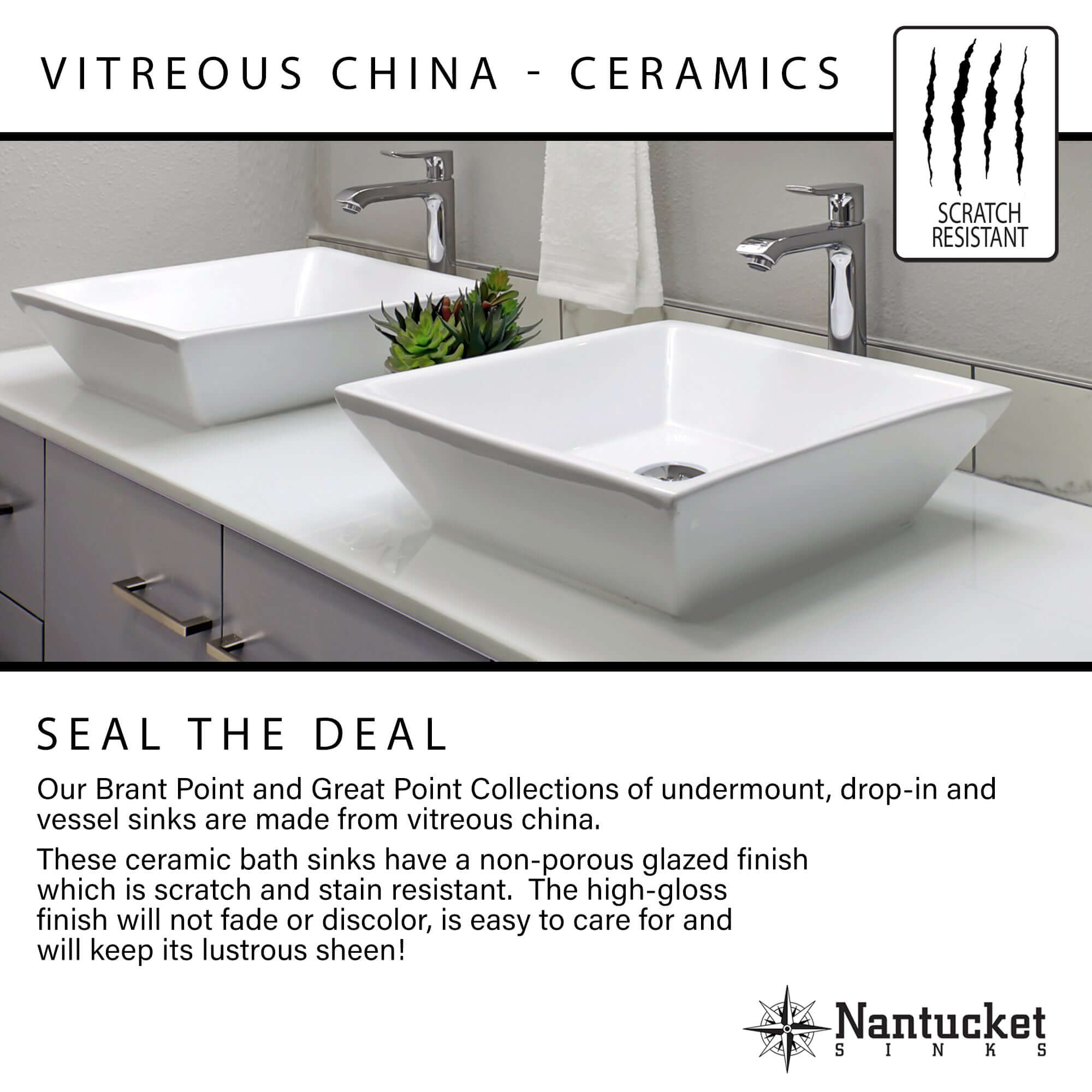 Lavabo de baño Nantucket Sinks Great Point de 50 x 40 cm, rectangular, de cerámica, con accesorios, blanco, UM-2016C-W
