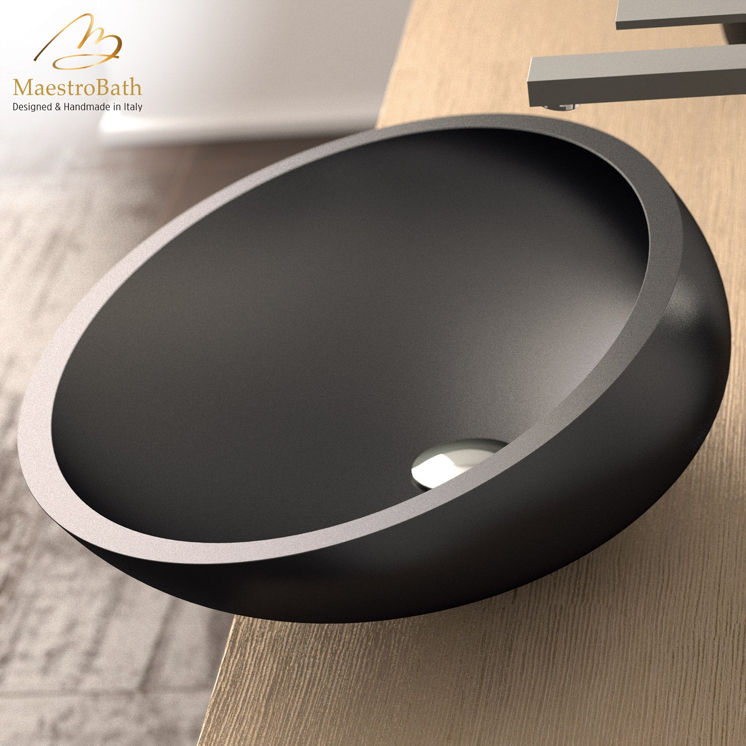 MaestroBath 16" Vetro Cigno Max Vessel ADA Oval Bathroom Sink, Black, Resin and Glass, Matt Black, VET-CIM-BLK