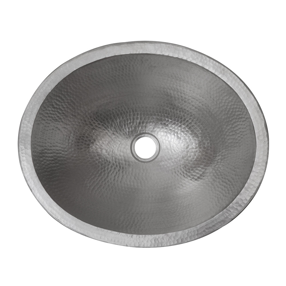 Alternate Image for Premier Copper Products 17" Compact Oval Skirted Vessel Hammered Copper Bathroom Sink in Nickel, Matching Drain and Accessories, BSP5_VO17SKEN-P