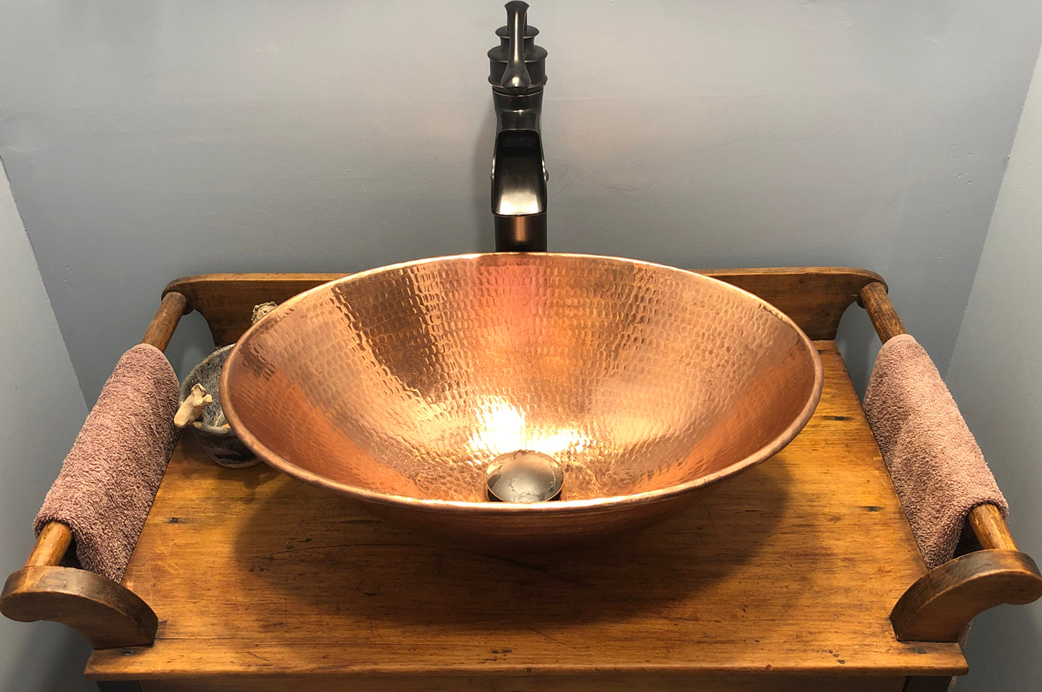 Installation Image of Premier Copper Products 17" Oval Copper Bathroom Sink, Polished Copper, VO17WPC