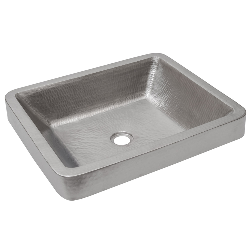 Alternate Image for Premier Copper Products 19" Rectangle Skirted Vessel Hammered Copper Bathroom Sink in Nickel, Matching Drain and Accessories, BSP5_VREC19SKEN-P