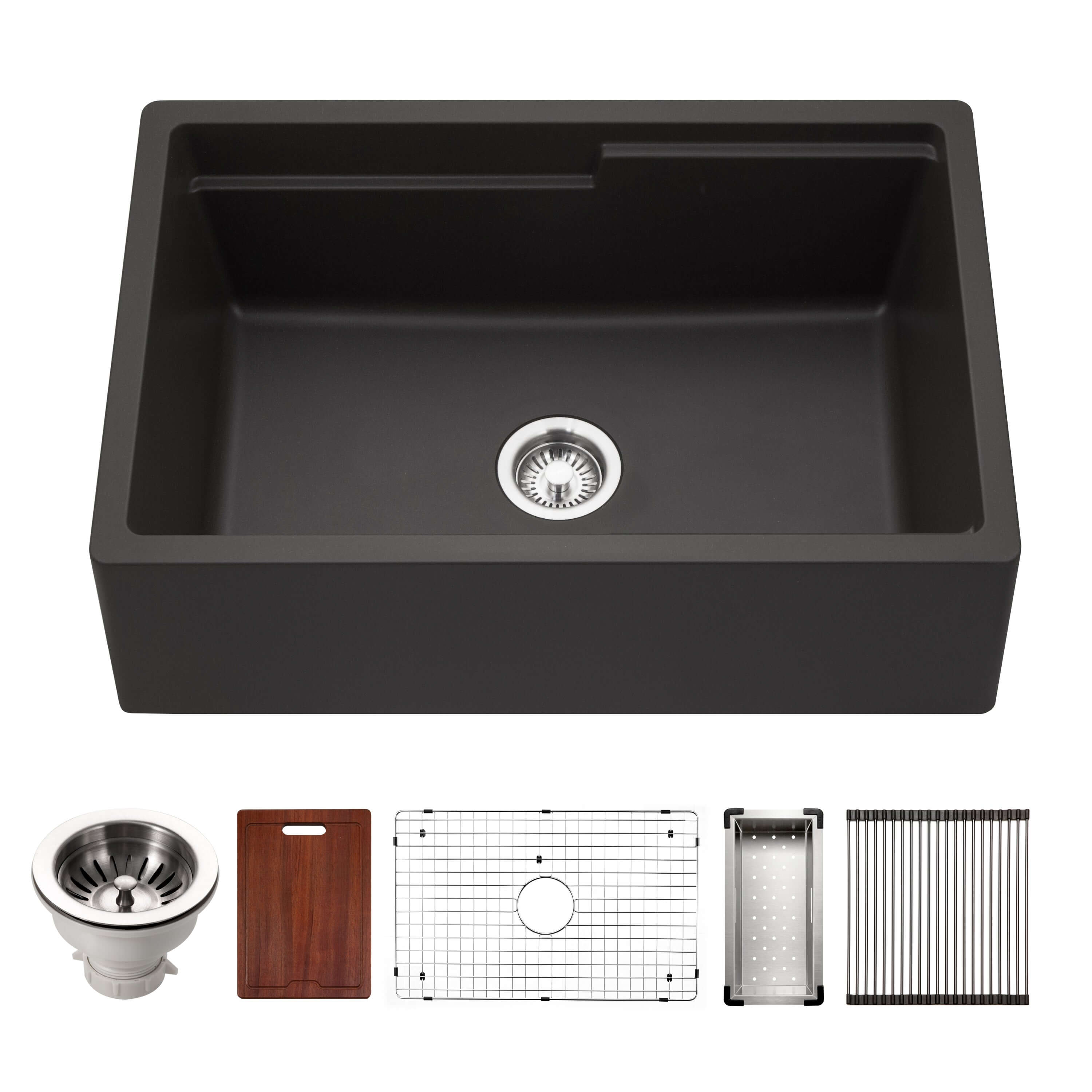 Houzer Quartztone 30" Midnite Apron Front Farmhouse Granite Composite Workstation Kitchen Sink with Accessories - W-130-MIDNITE-C