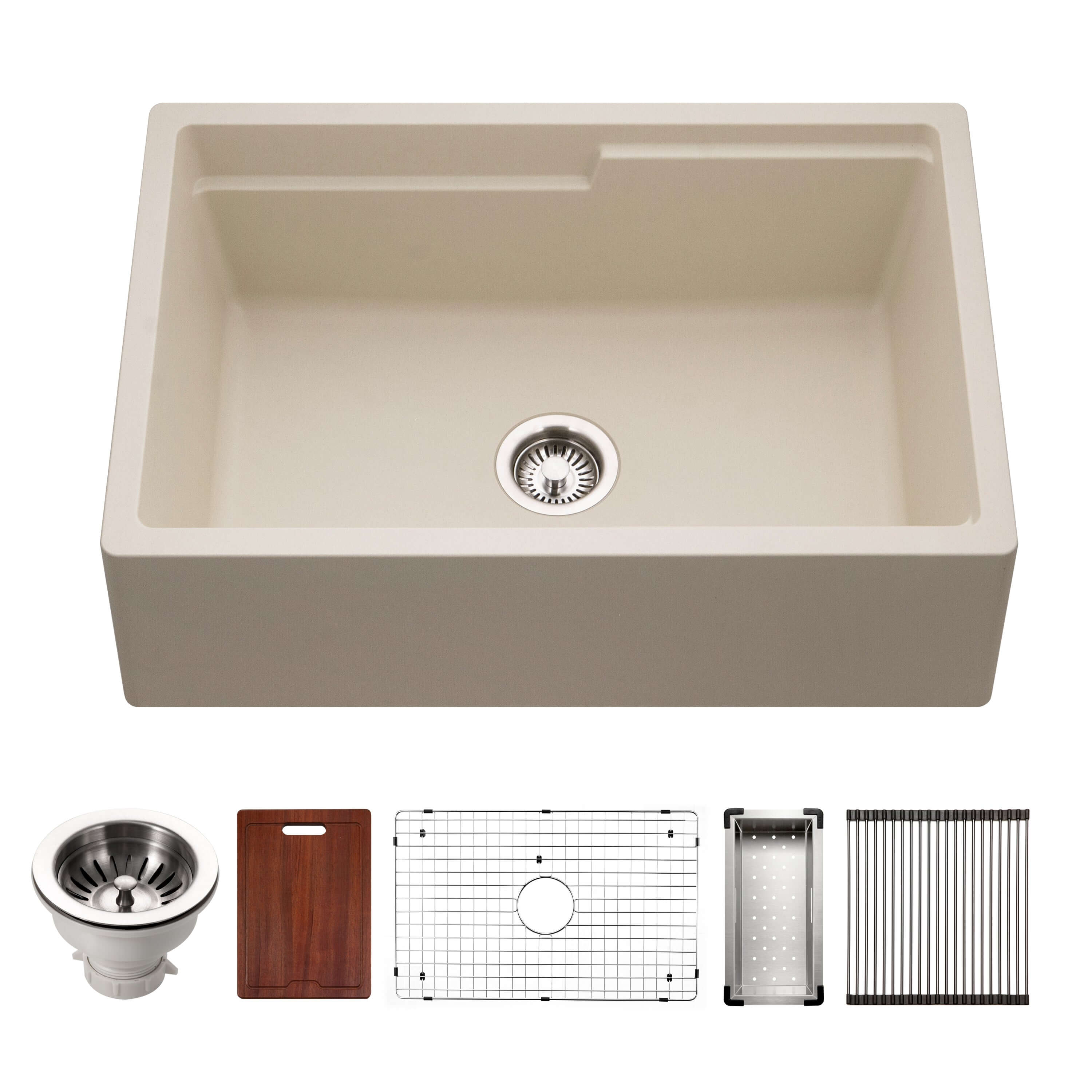 Houzer Quartztone 30 inch Sand Apron Front Farmhouse Granite Workstation Kitchen Sink with Accessories -Granite Composite, W-130 SAND-C