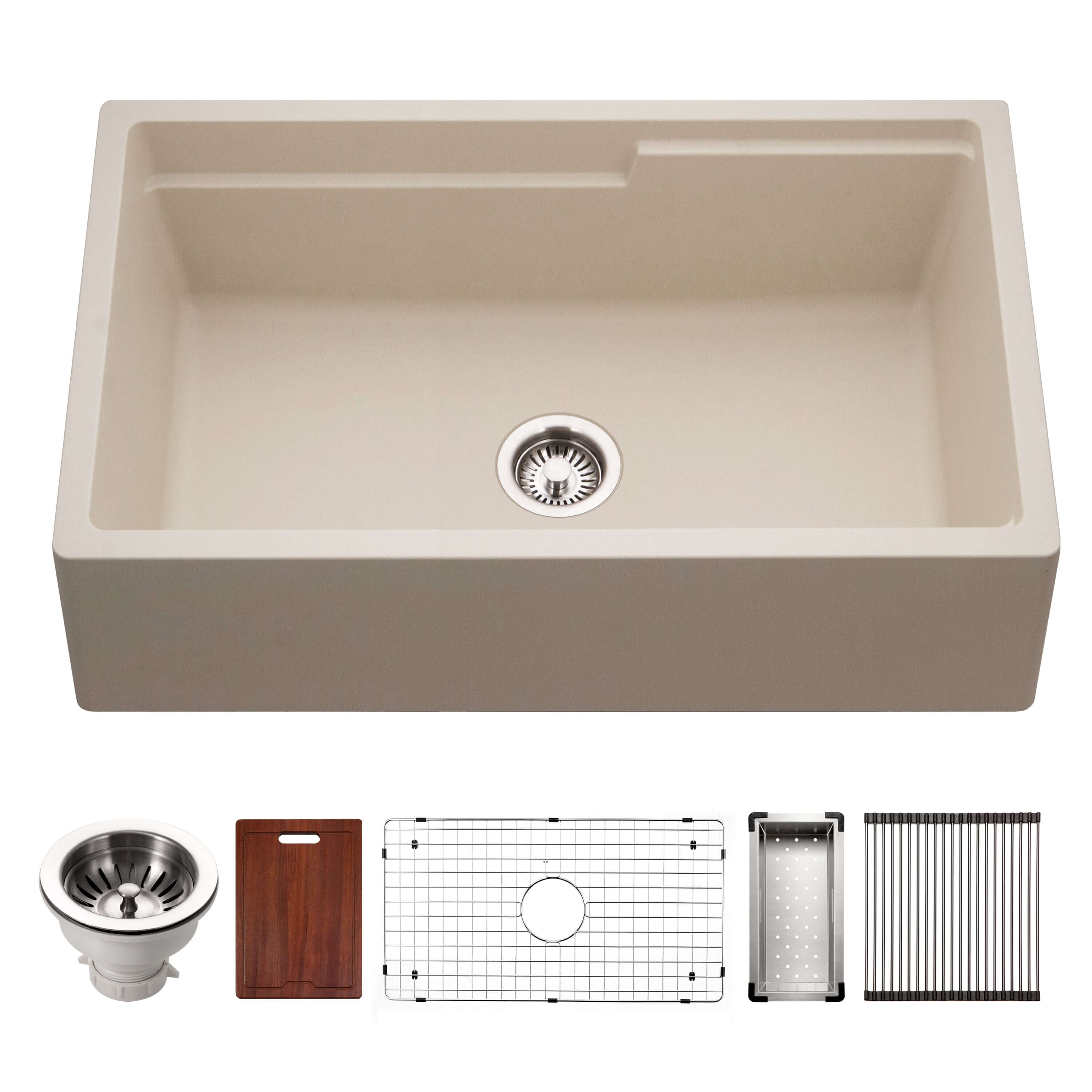 Houzer Quartztone 33 inch Sand Apron Front Farmhouse Granite Composite Workstation Kitchen Sink with Accessories - W-133 SAND-C
