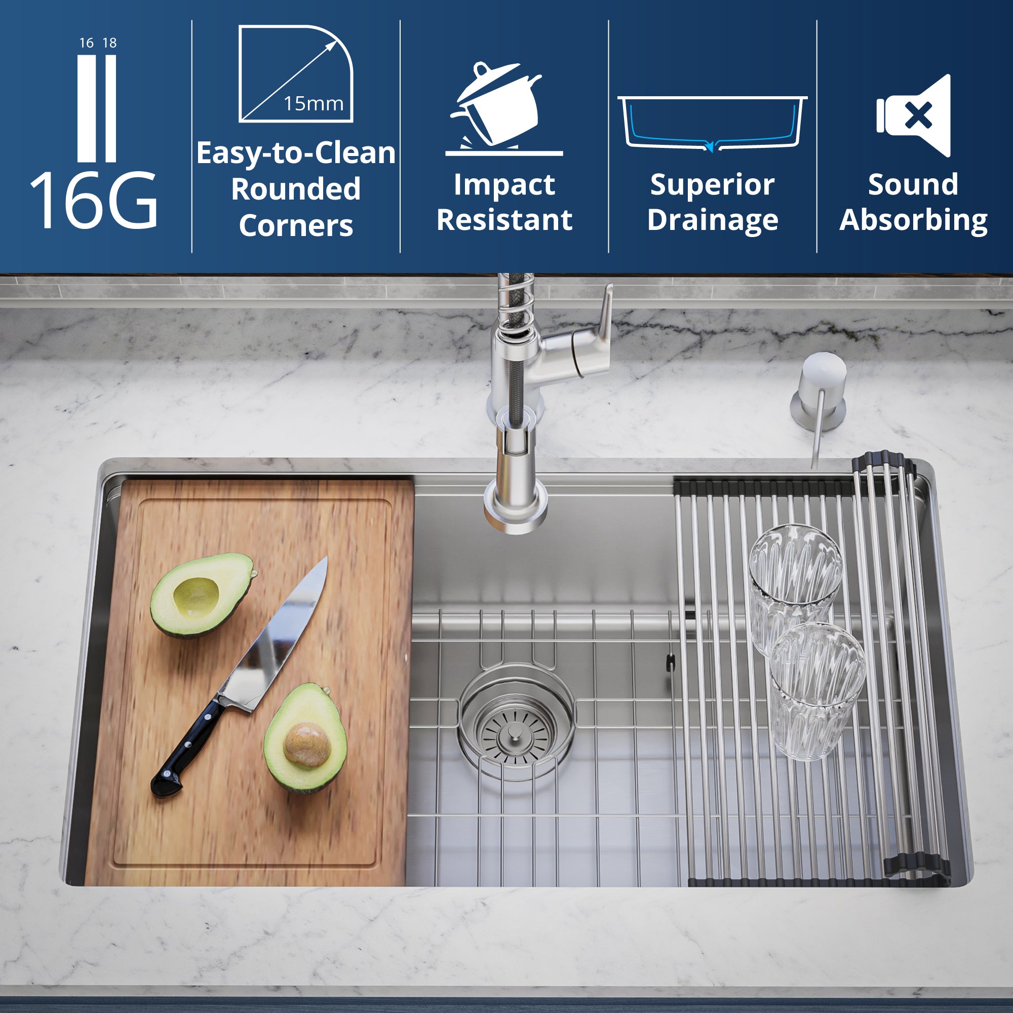 Alternate Image for Karran Elite Workstation 32" Undermount Stainless Steel Workstation Kitchen Sink with Accessories, 16 Gauge, WS-37-PK1
