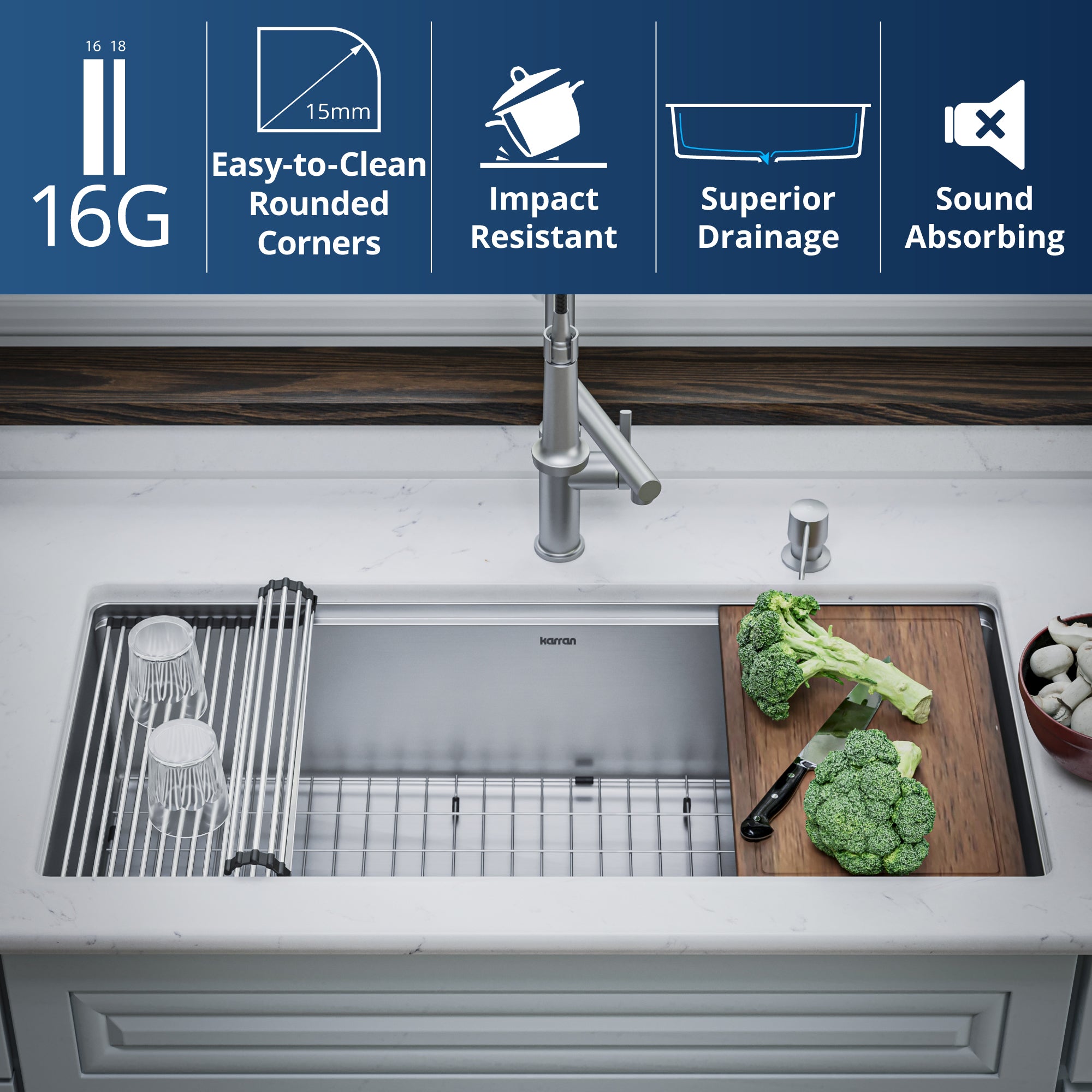 Alternate Image for Karran Elite Workstation 39" Undermount Stainless Steel Workstation Kitchen Sink with Accessories, 16 Gauge, WS-39-PK1