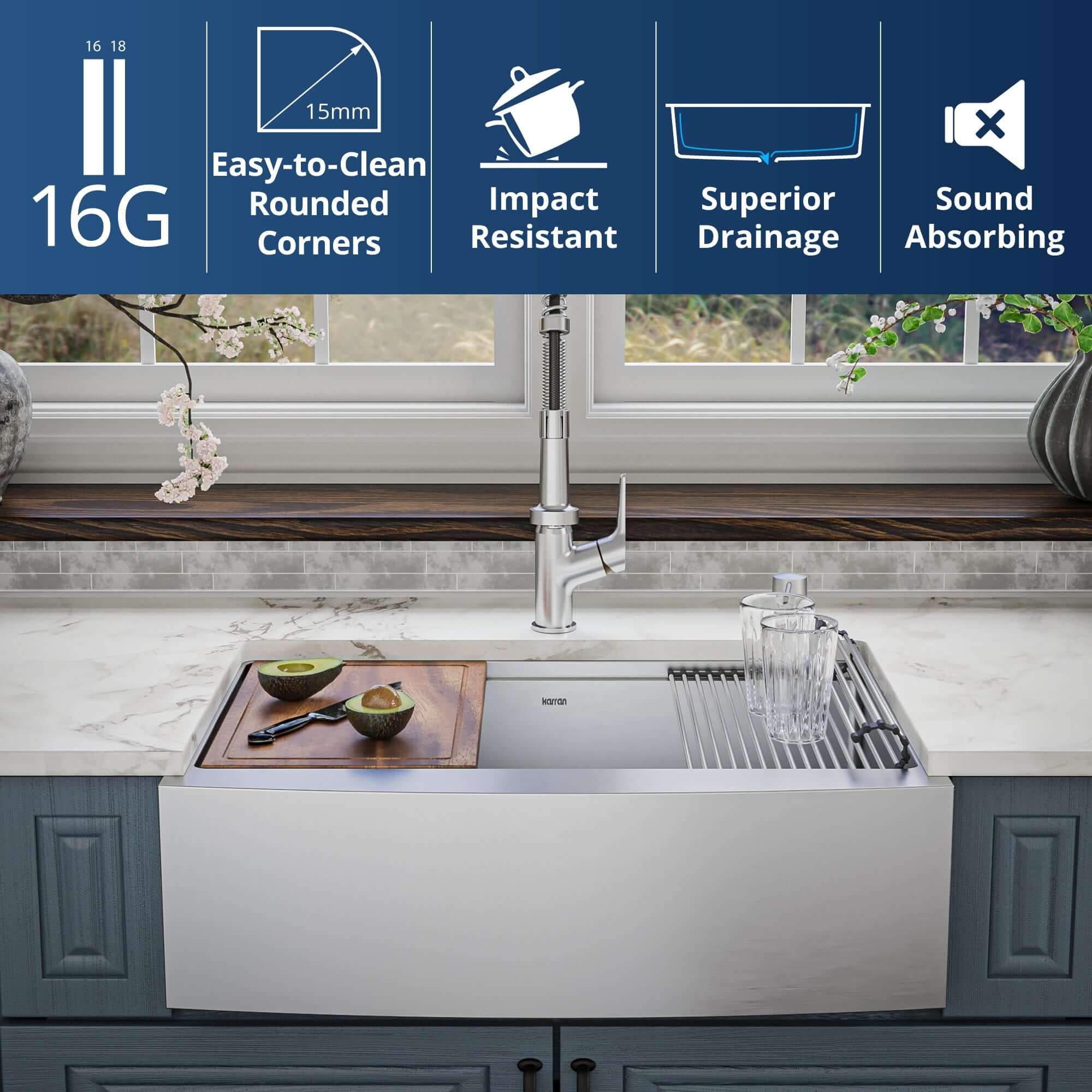 Alternate Image for Karran Elite Workstation 30" Stainless Steel Workstation Farmhouse Sink with Accessories, 16 Gauge, WSA-42-PK1