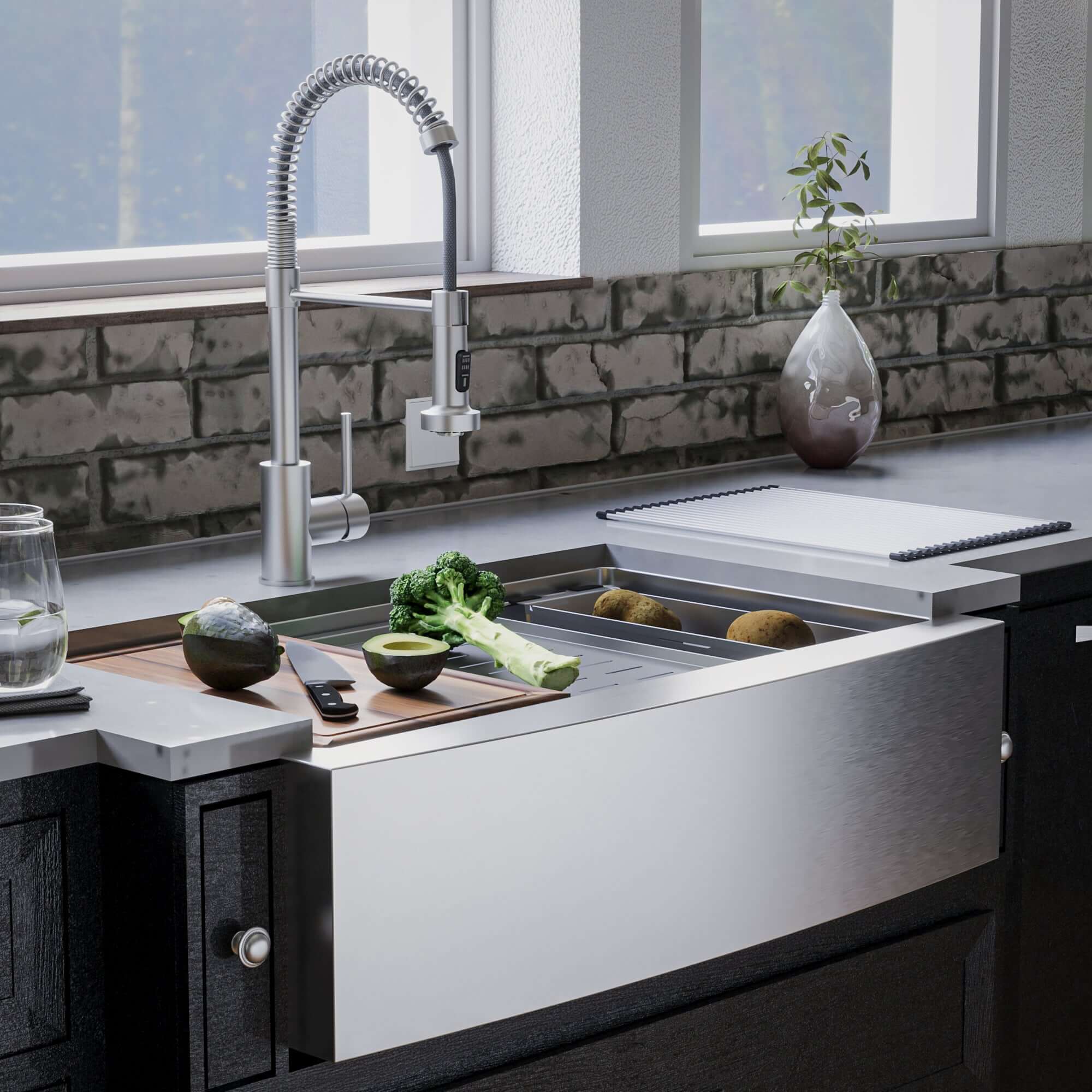 Alternate Image for Karran Elite Workstation 33" Stainless Steel ADA Workstation Farmhouse Sink with Faucet and Accessories, 16 Gauge, WSA-45-PK2
