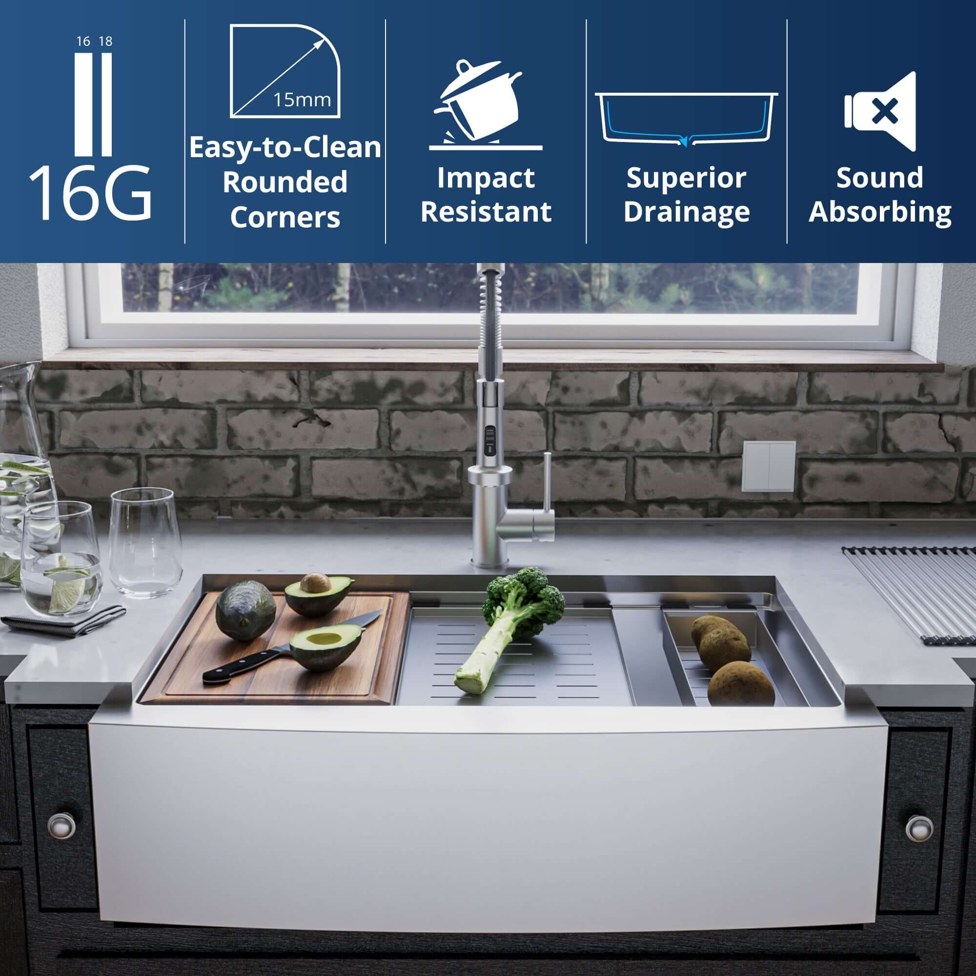 Alternate Image for Karran Elite Workstation 33" Stainless Steel ADA Workstation Farmhouse Sink with Faucet and Accessories, 16 Gauge, WSA-45-PK2