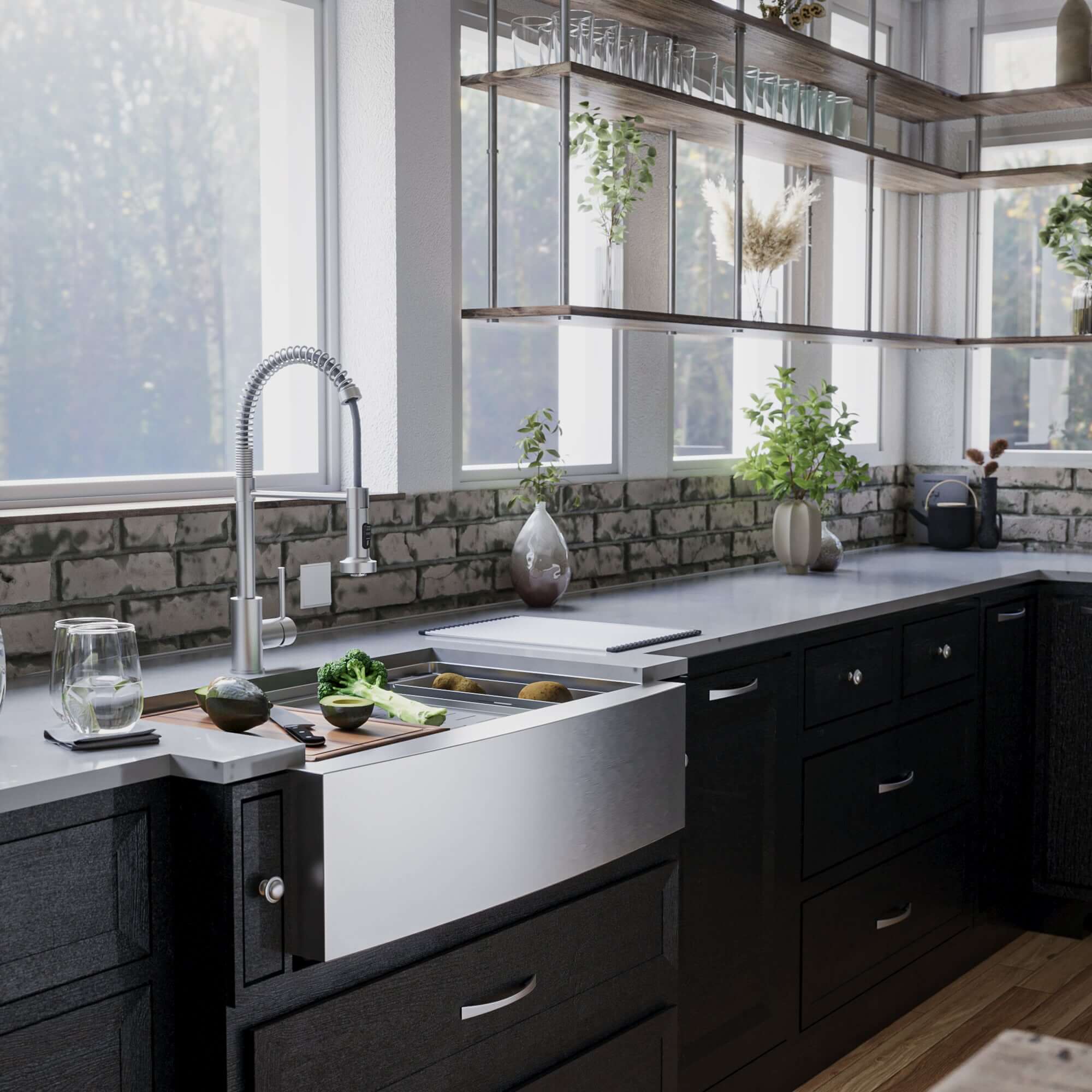 Alternate Image for Karran Elite Workstation 33" Stainless Steel ADA Workstation Farmhouse Sink with Faucet and Accessories, 16 Gauge, WSA-45-PK2