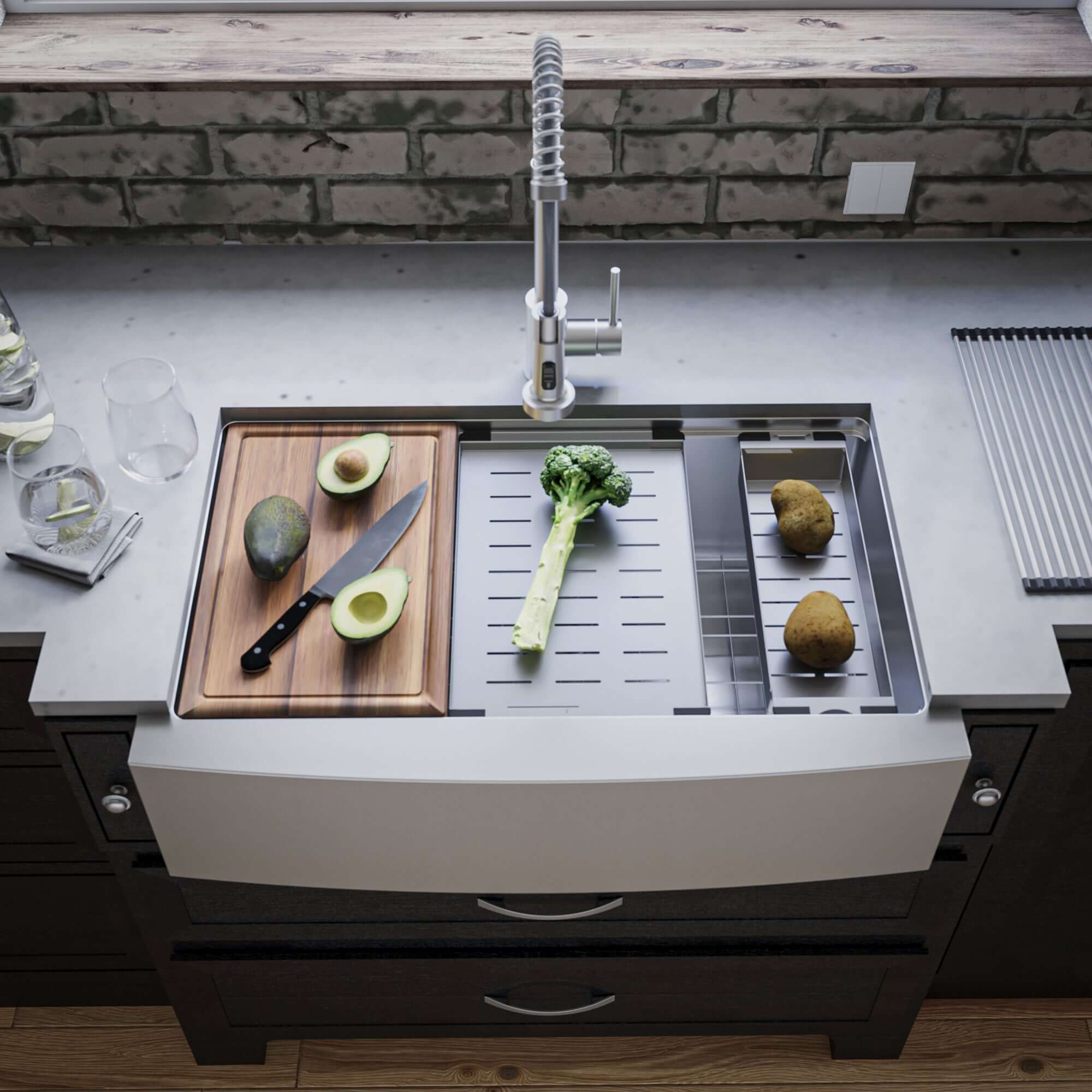 Alternate Image for Karran Elite Workstation 33" Stainless Steel ADA Workstation Farmhouse Sink with Faucet and Accessories, 16 Gauge, WSA-45-PK2