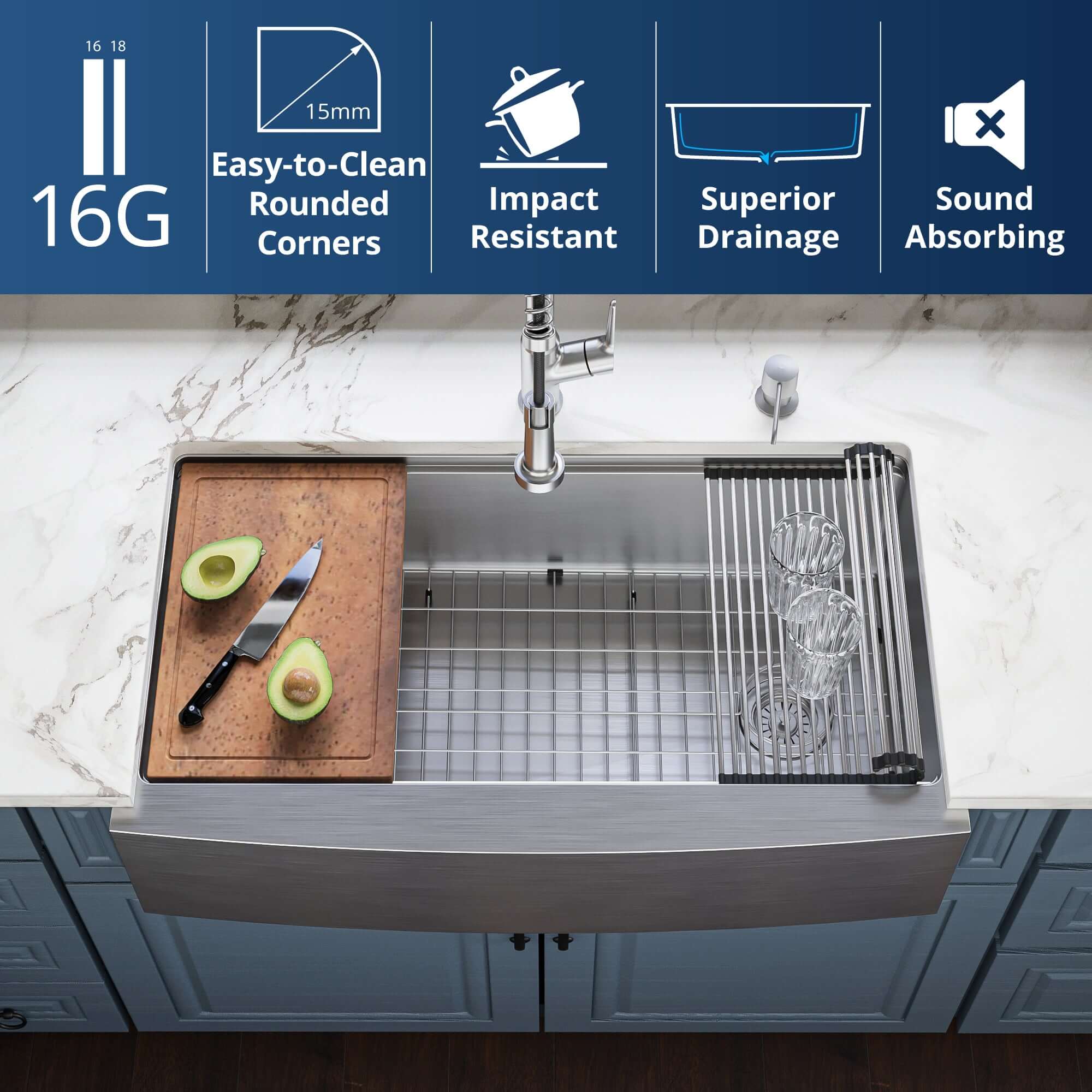 Alternate Image for Karran Elite Workstation 36" Stainless Steel Workstation Farmhouse Sink with Accessories, 16 Gauge, WSA-46-PK1