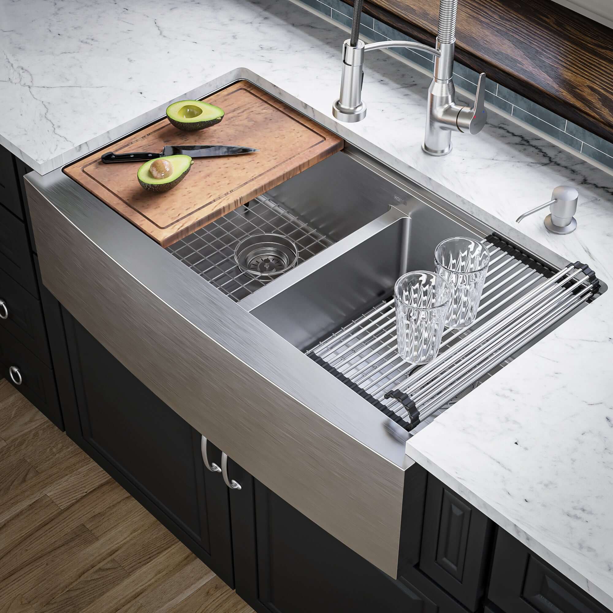 Alternate Image for Karran Elite Workstation 36" Stainless Steel Workstation Farmhouse Sink with Accessories, 50/50 Double Bowl, 16 Gauge, WSA-48-PK1