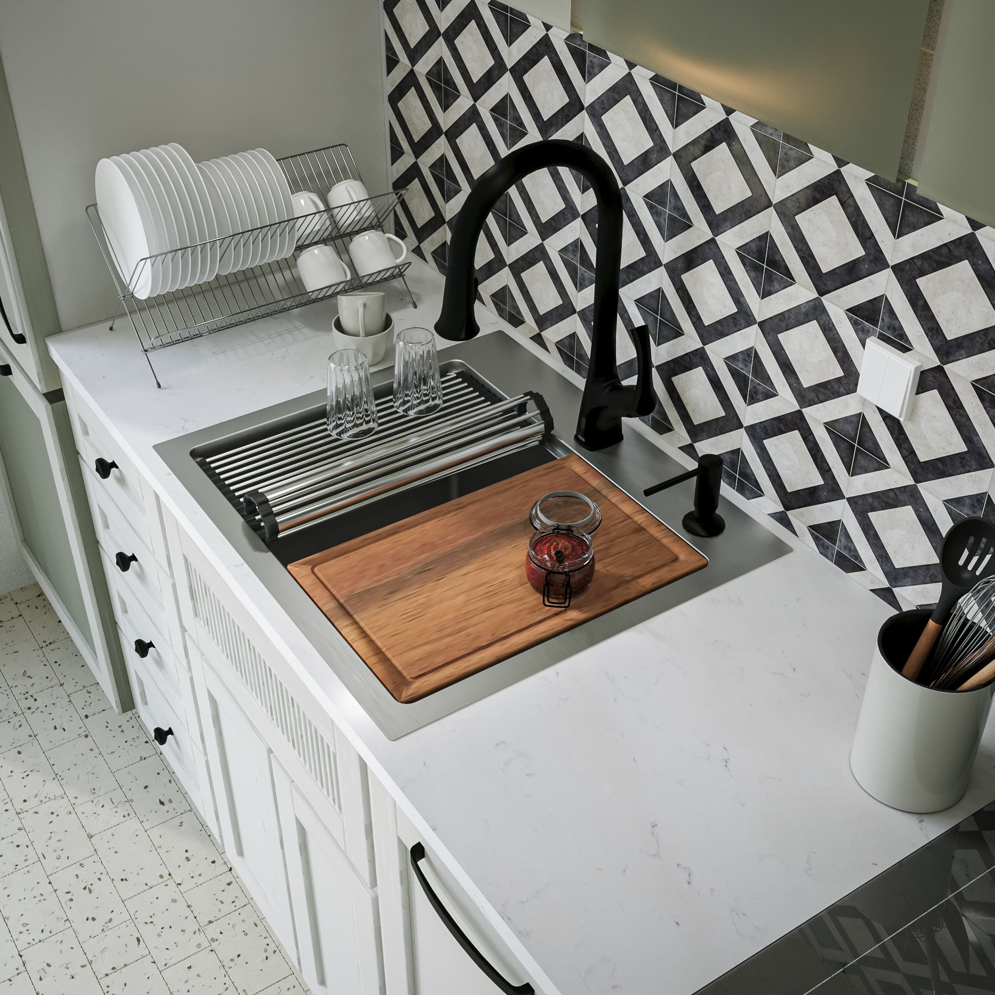 Alternate Image for Karran Elite Workstation 25" Drop In/Topmount Stainless Steel Workstation Kitchen Sink with Accessories, 16 Gauge, WST-22-PK1