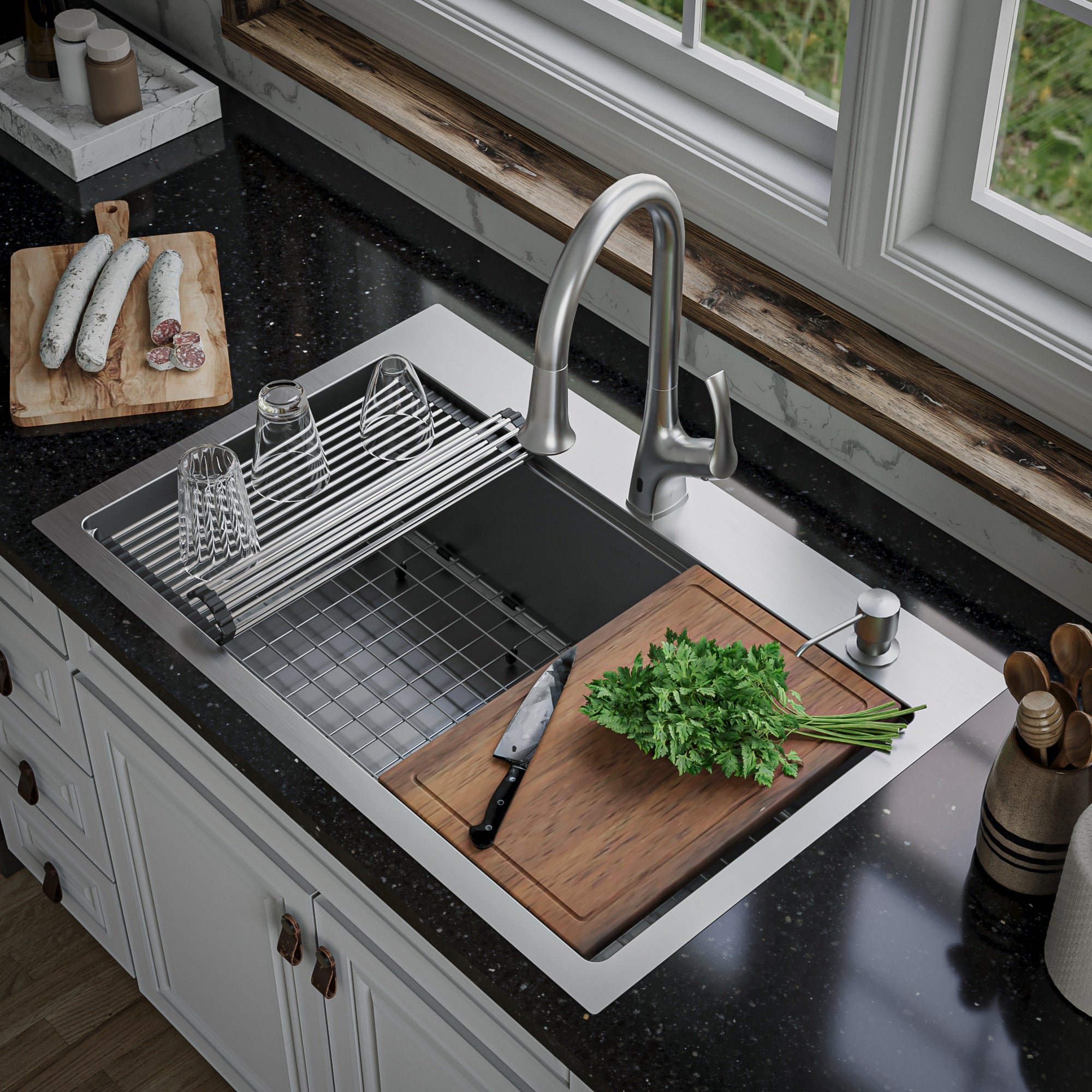 Alternate Image for Karran Elite Workstation 33" Drop In/Topmount Stainless Steel Workstation Kitchen Sink with Accessories, 16 Gauge, WST-23-PK1