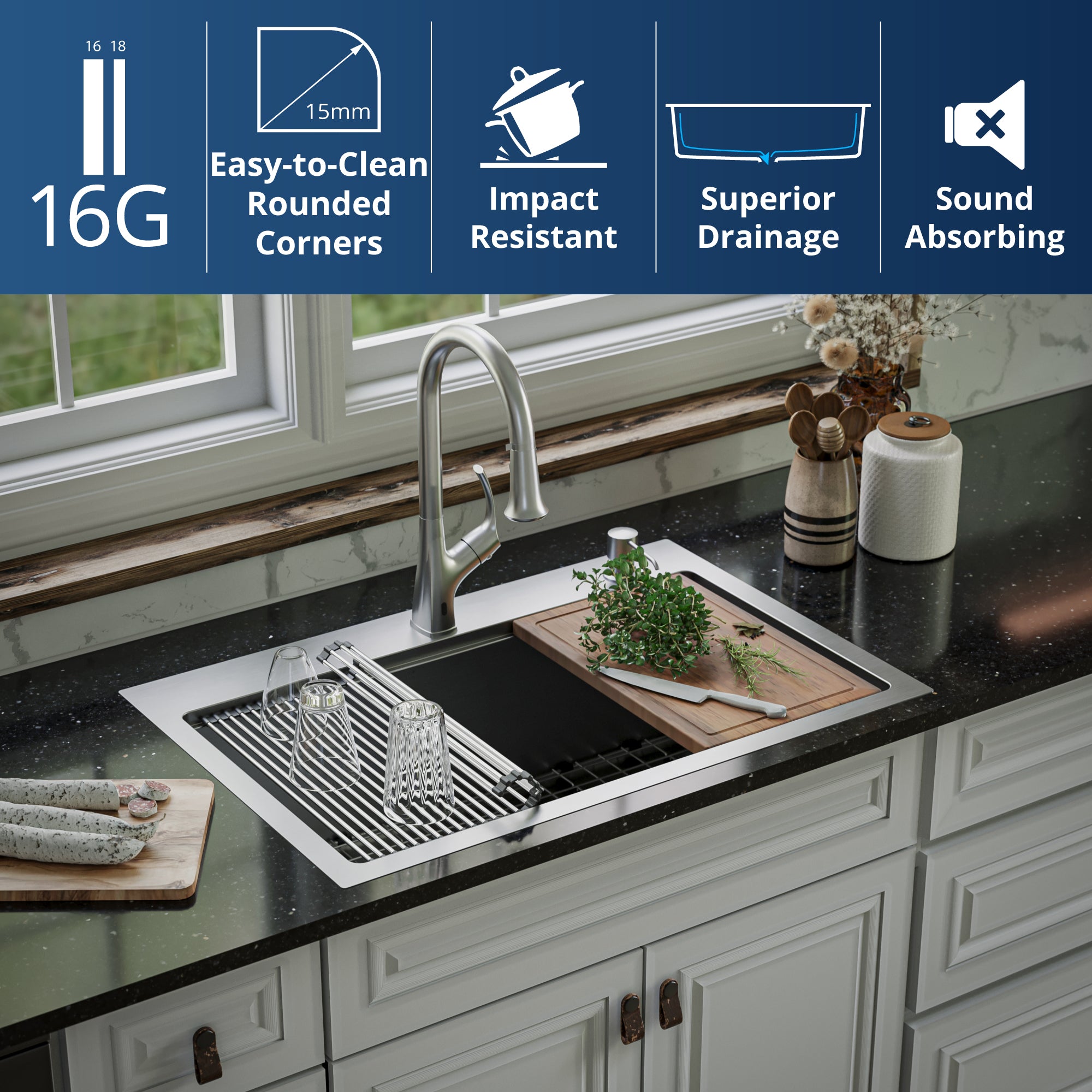 Alternate Image for Karran Elite Workstation 33" Drop In/Topmount Stainless Steel Workstation Kitchen Sink with Accessories, 16 Gauge, WST-23-PK1