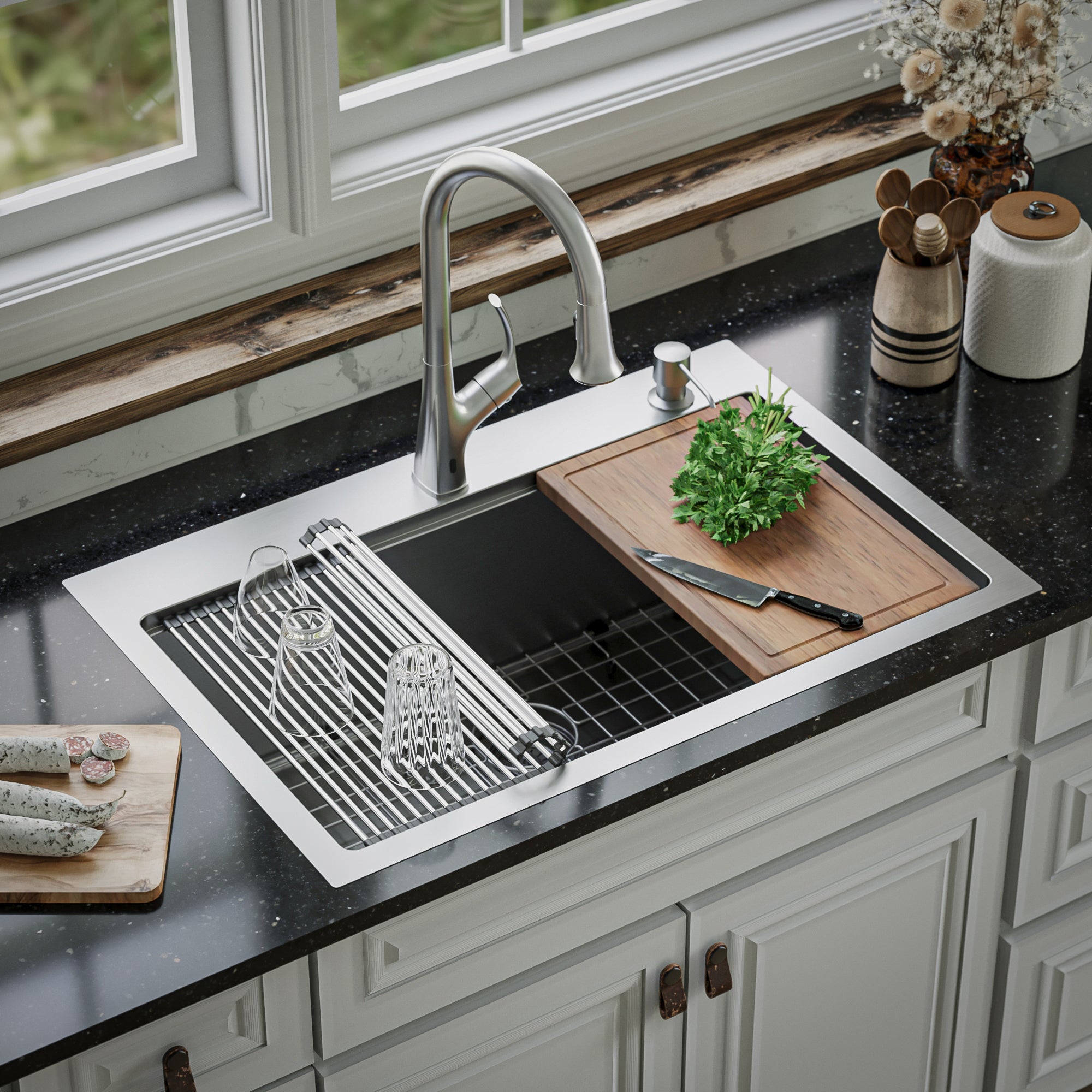 Alternate Image for Karran Elite Workstation 33" Drop In/Topmount Stainless Steel Workstation Kitchen Sink with Accessories, 16 Gauge, WST-23-PK1