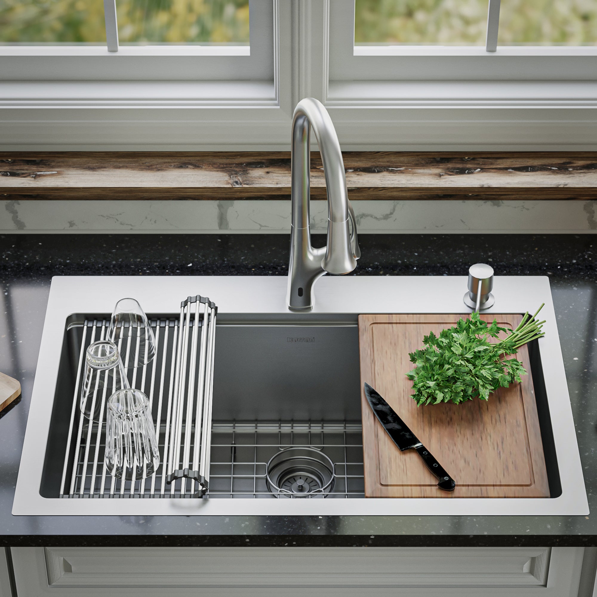 Alternate Image for Karran Elite Workstation 33" Drop In/Topmount Stainless Steel Workstation Kitchen Sink with Accessories, 16 Gauge, WST-23-PK1