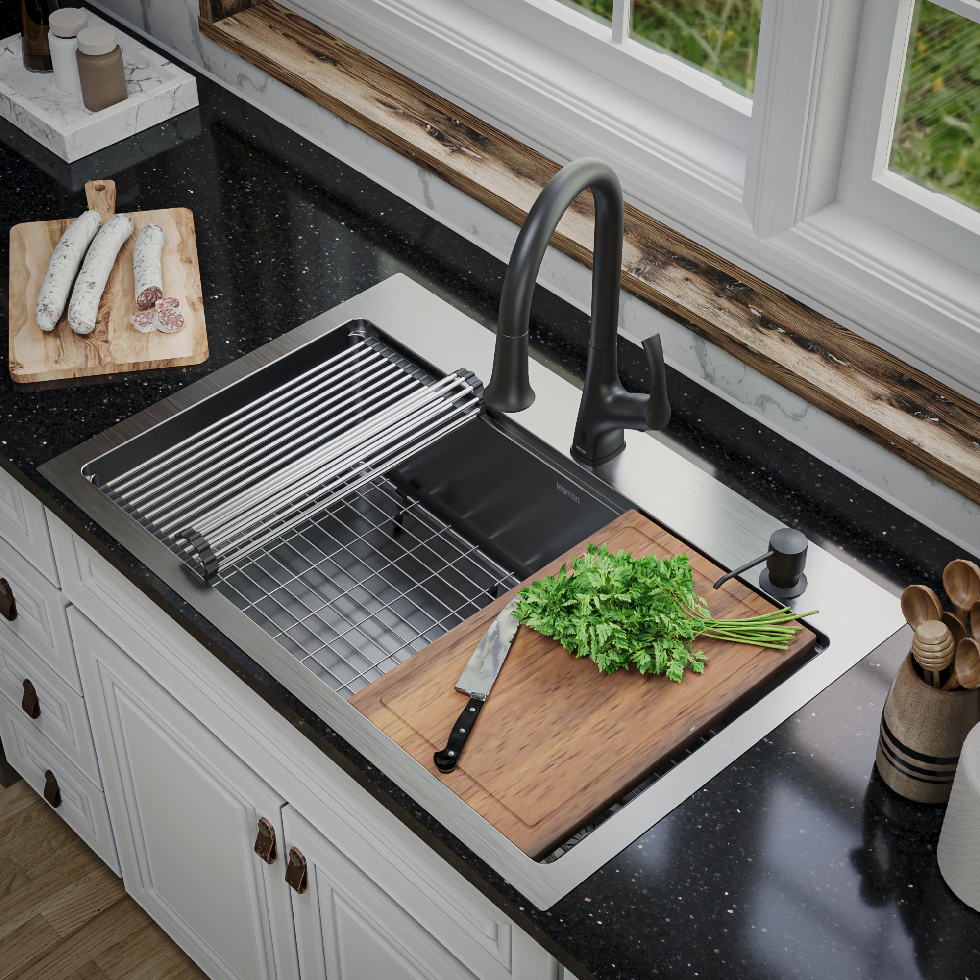 Alternate Image for Karran Elite Workstation 33" Drop In/Topmount Stainless Steel Workstation Kitchen Sink with Accessories, 16 Gauge, WST-26-PK1