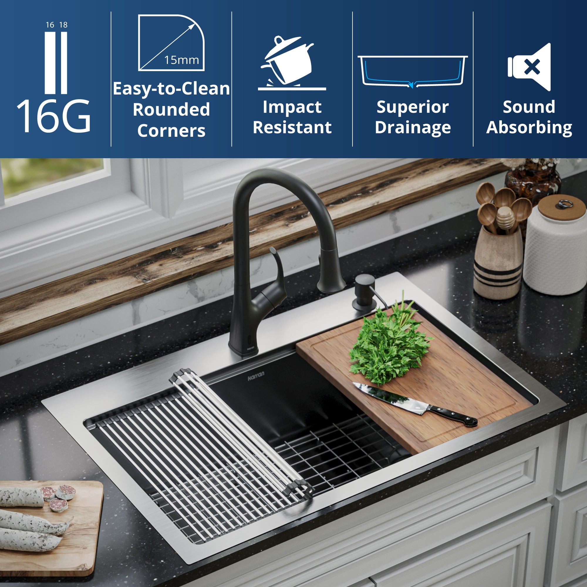 Alternate Image for Karran Elite Workstation 33" Drop In/Topmount Stainless Steel Workstation Kitchen Sink with Accessories, 16 Gauge, WST-26-PK1