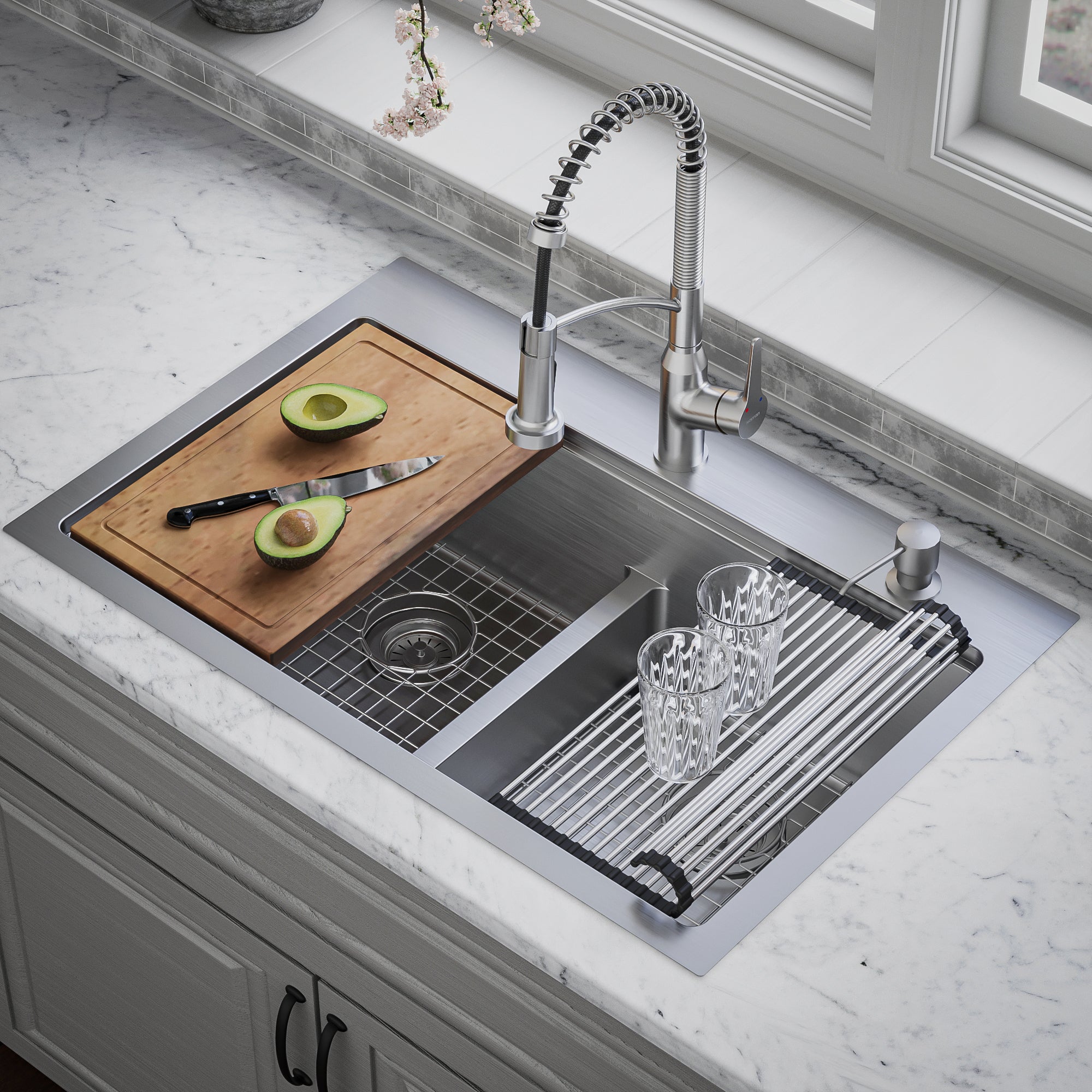 Alternate Image for Karran Elite Workstation 33" Drop In/Topmount Stainless Steel Workstation Kitchen Sink with Accessories, 50/50 Double Bowl, 16 Gauge, WST-28-PK1