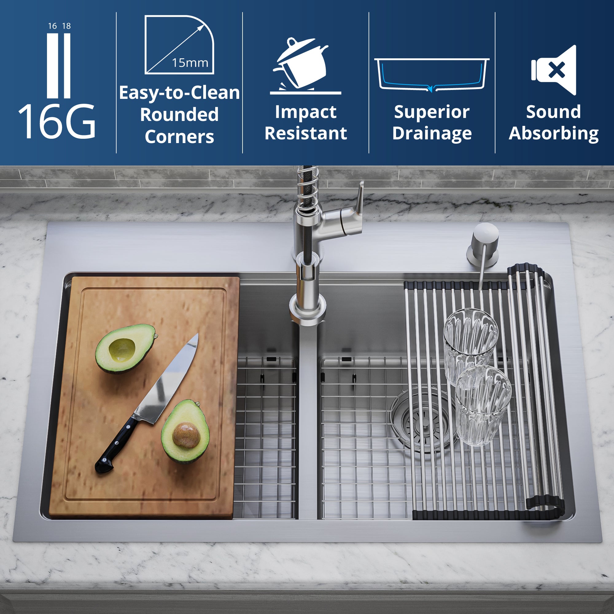 Alternate Image for Karran Elite Workstation 33" Drop In/Topmount Stainless Steel Workstation Kitchen Sink with Accessories, 50/50 Double Bowl, 16 Gauge, WST-28-PK1