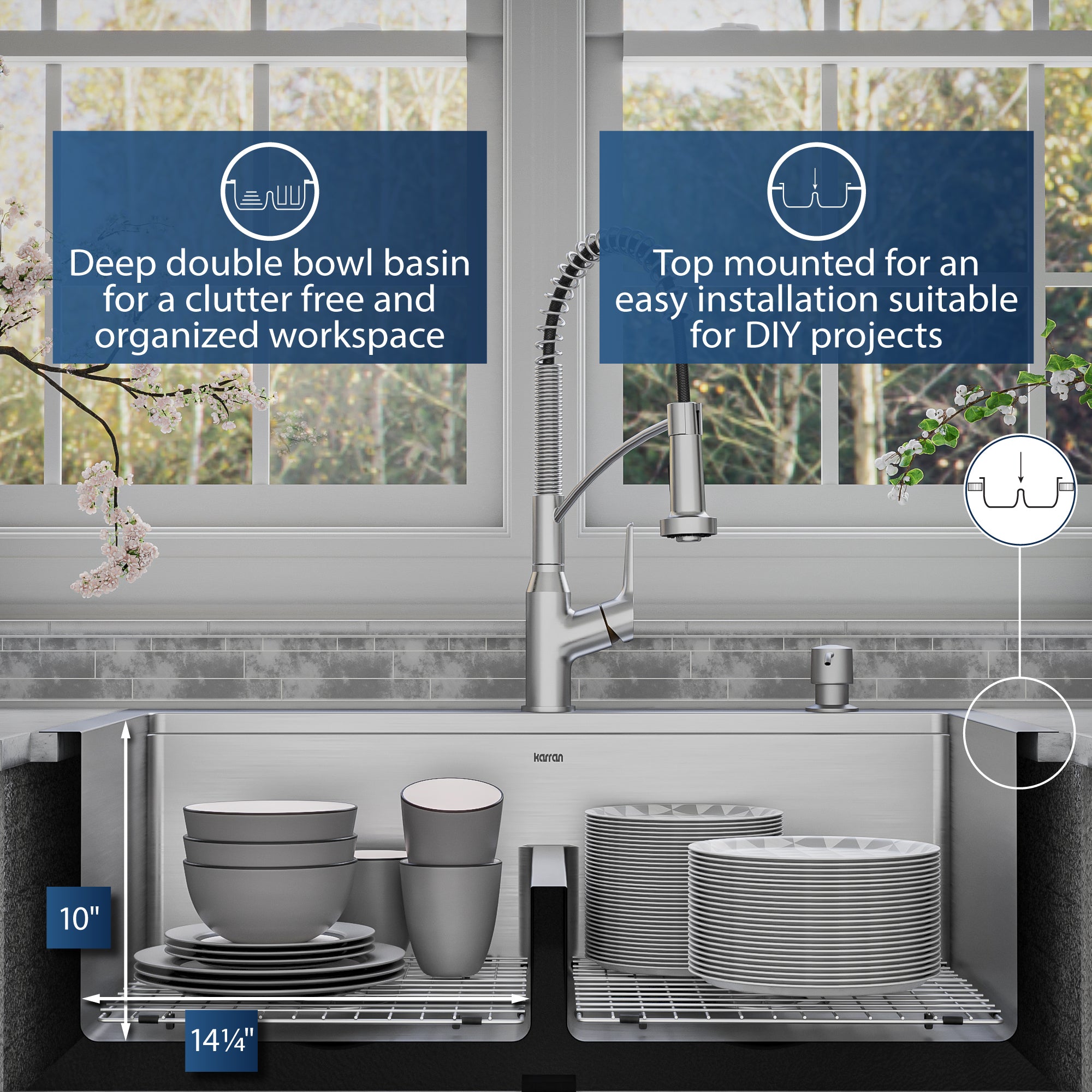 Alternate Image for Karran Elite Workstation 33" Drop In/Topmount Stainless Steel Workstation Kitchen Sink with Accessories, 50/50 Double Bowl, 16 Gauge, WST-28-PK1