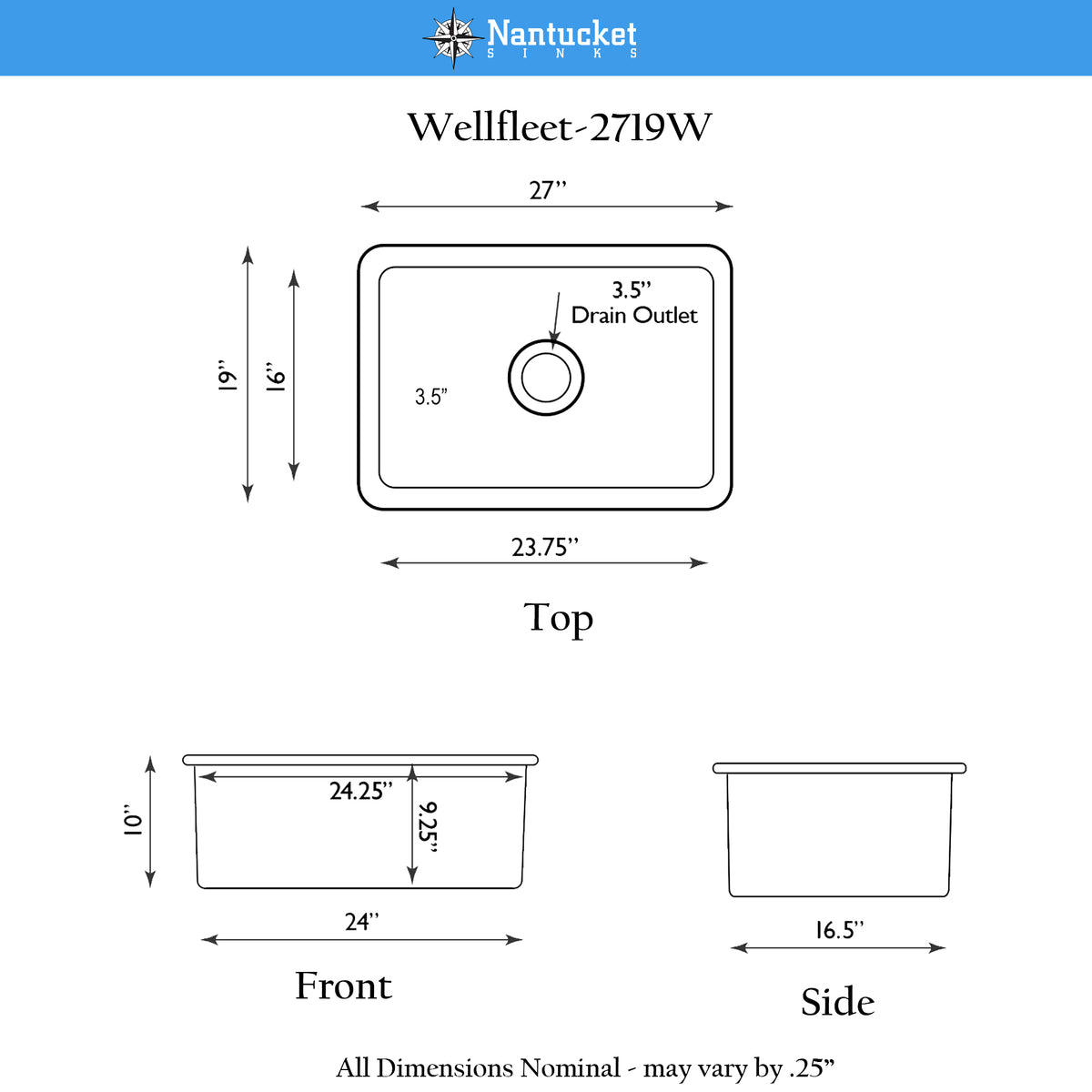 Nantucket Sinks Cape 27" Fireclay Kitchen Sink, White, Wellfleet-2719W