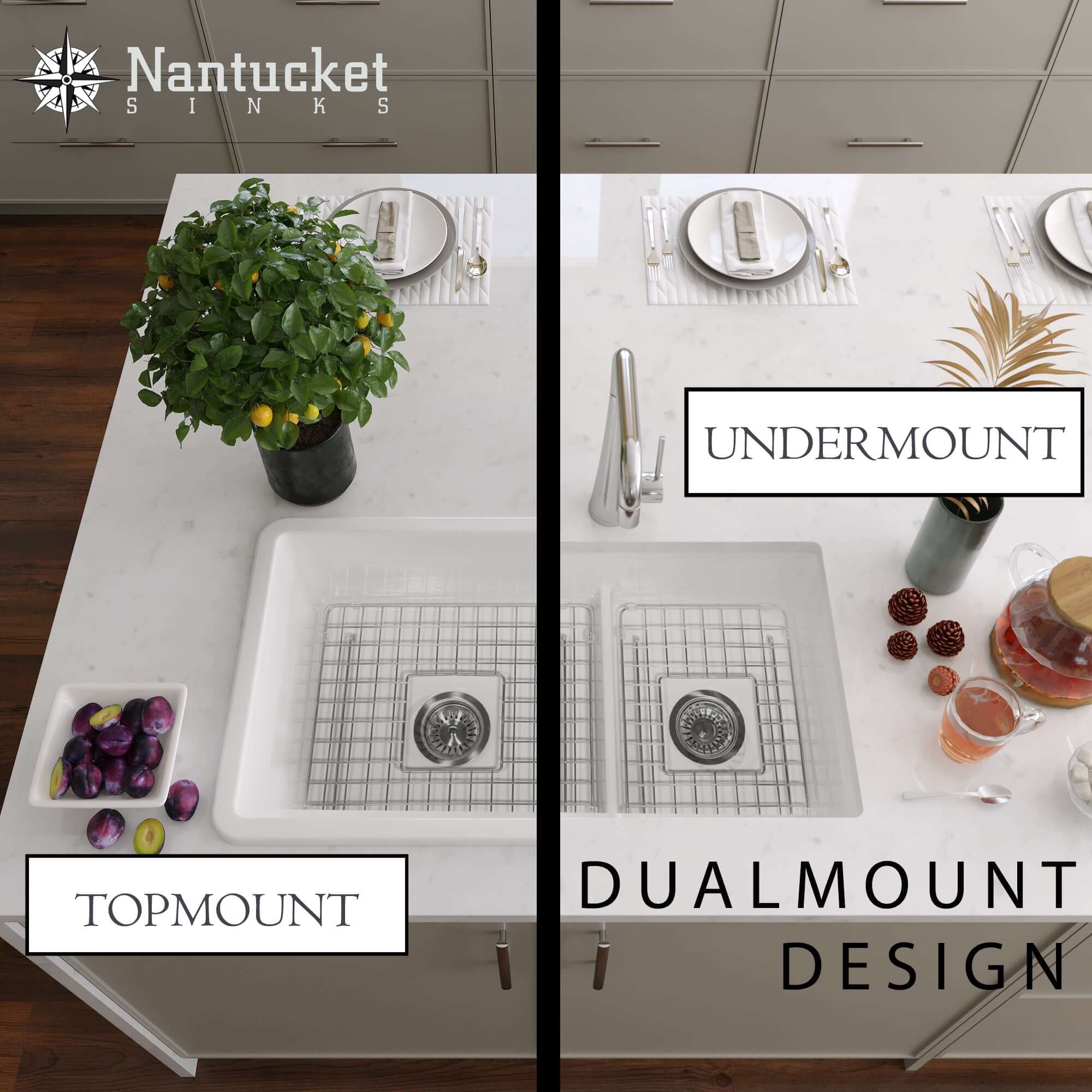 Alternate Image for Nantucket Sinks Cape 31" Dual Mount Fireclay Kitchen Sink with Accessories, 60/40 Double Bowl, White, Wellfleet-31OSW