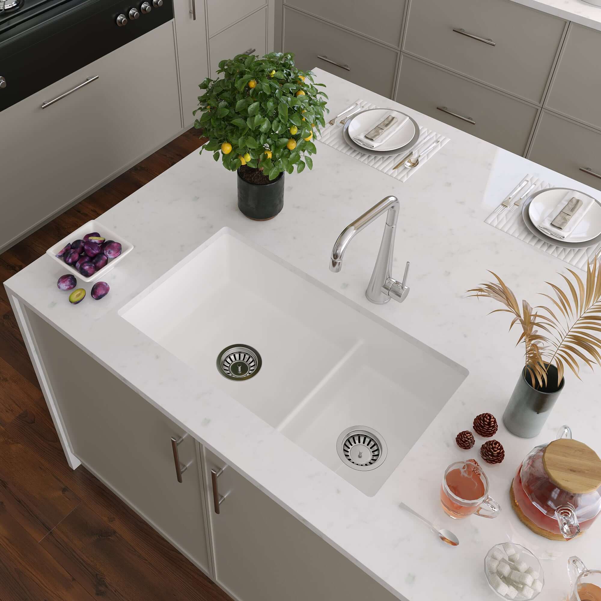 Alternate Image for Nantucket Sinks Cape 31" Dual Mount Fireclay Kitchen Sink with Accessories, 60/40 Double Bowl, White, Wellfleet-31OSW
