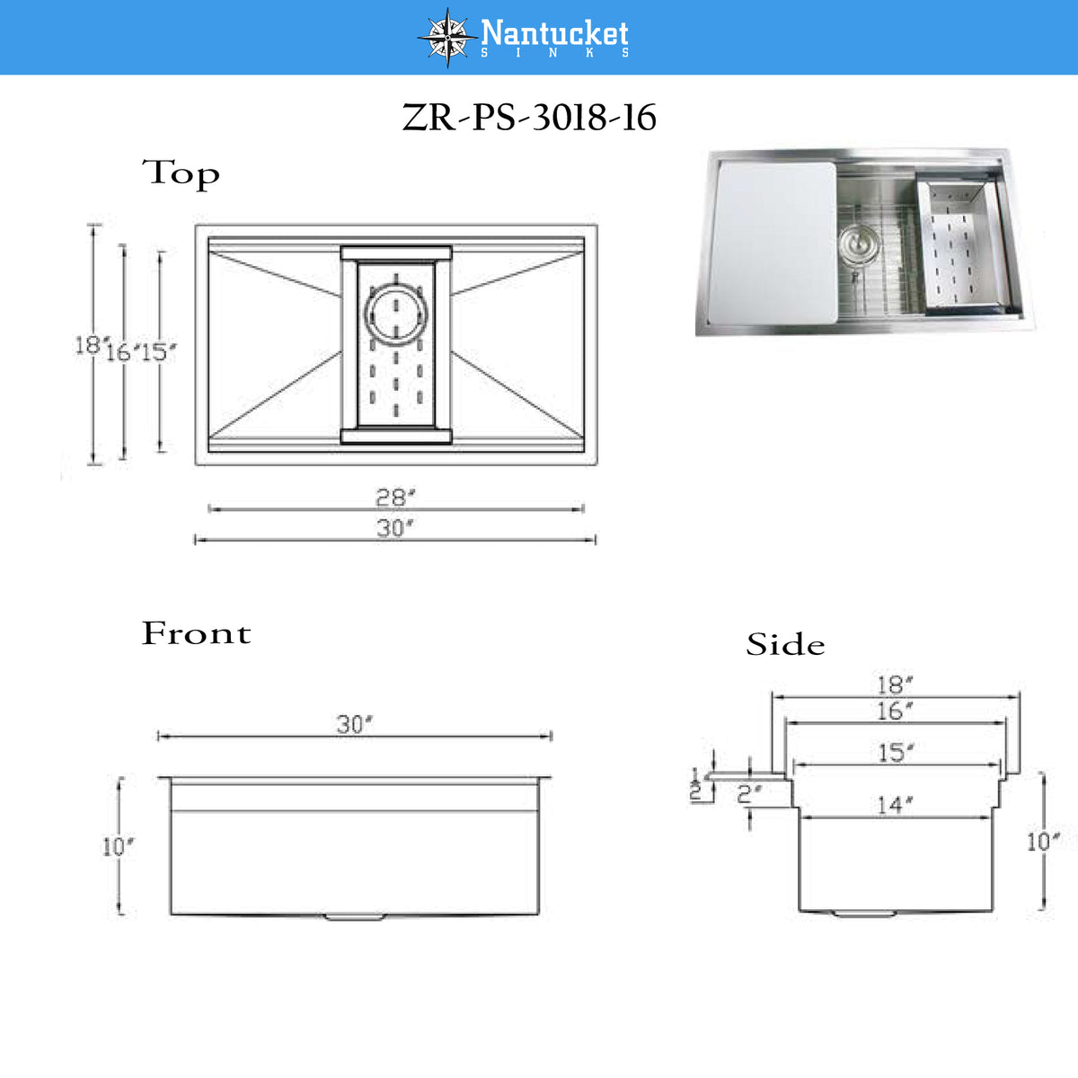 Nantucket Sinks Pro Series 30" Undermount 304 Stainless Steel Workstation Kitchen Sink with Accessories, ZR-PS-3018-16