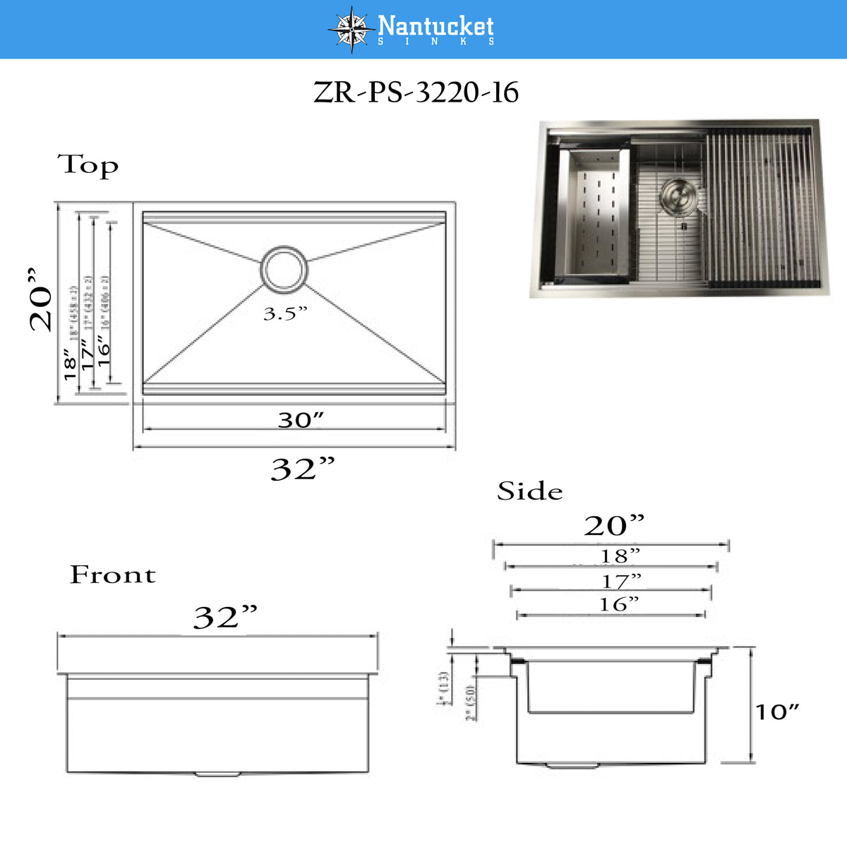 Nantucket Sinks Pro Series 32" Stainless Steel Kitchen Sink, 16 Gauge, ZR-PS-3220-16