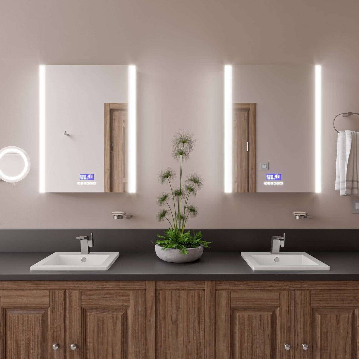 Alternate Image for ALFI brand ABM9WLED-BN Brushed Nickel Wall Mount Round 9" 5x Magnifying Cosmetic Mirror with Light