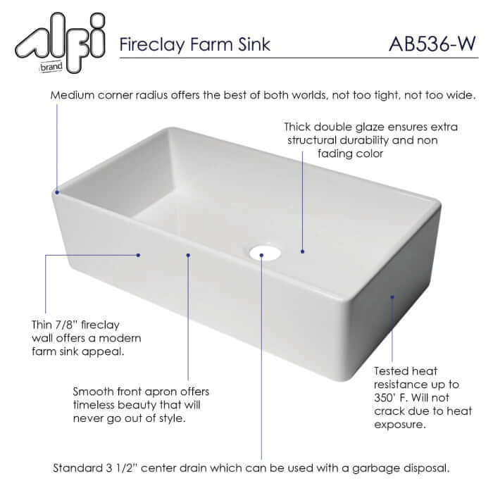 ALFI brand 36" Fireclay Farmhouse Sink, White, AB536-W