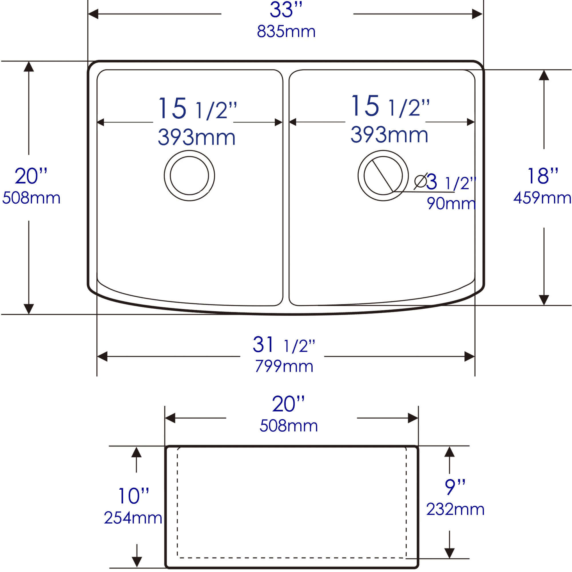 Alternate Image for ALFI brand 33" Fireclay Farmhouse Sink with Accessories, 50/50 Double Bowl, White, ABFC3320D-W