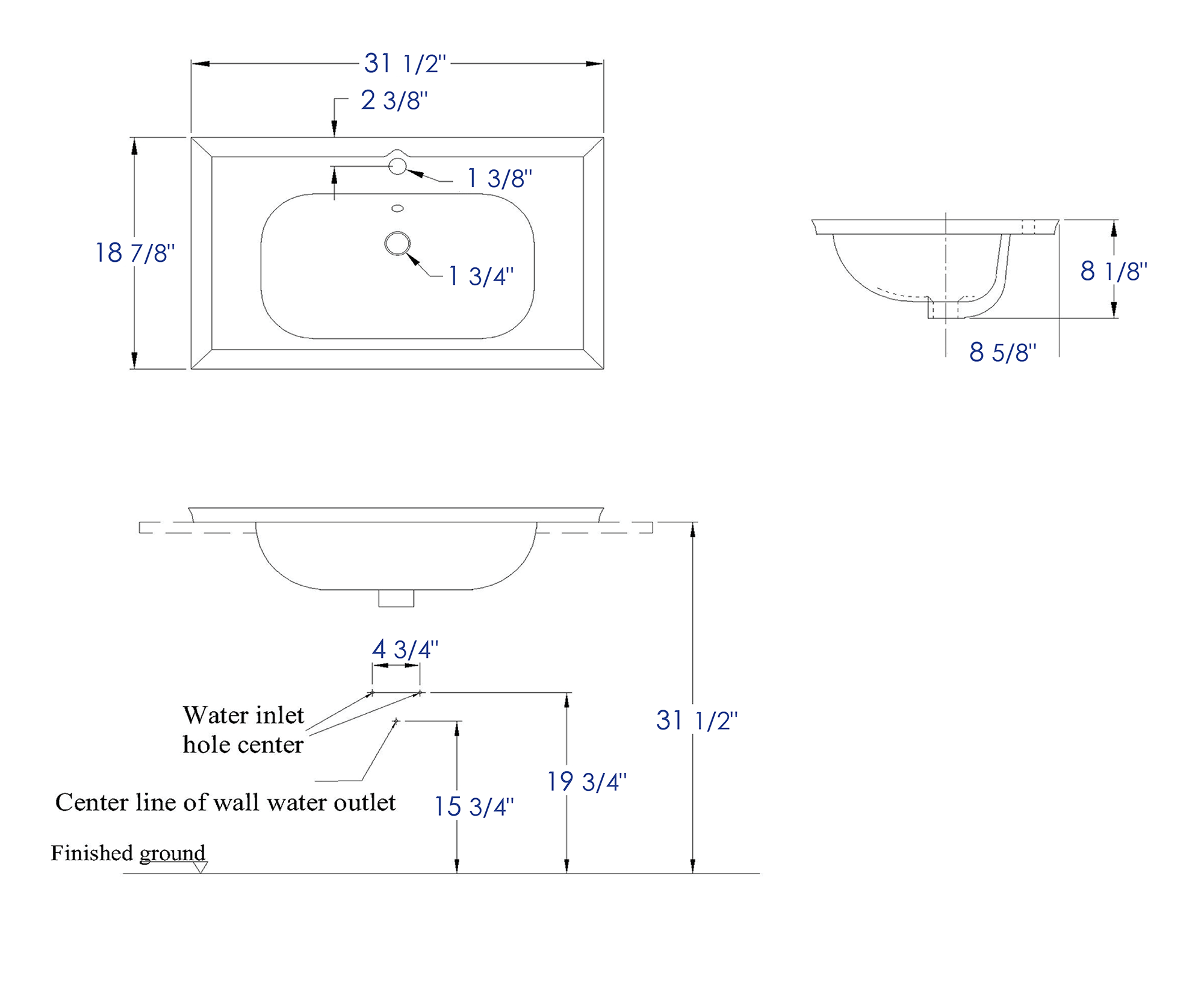 Eago 31.5" x 18.88" Rectangle Drop In Porcelain Bathroom Sink, White, 1 Faucet Hole, BH003