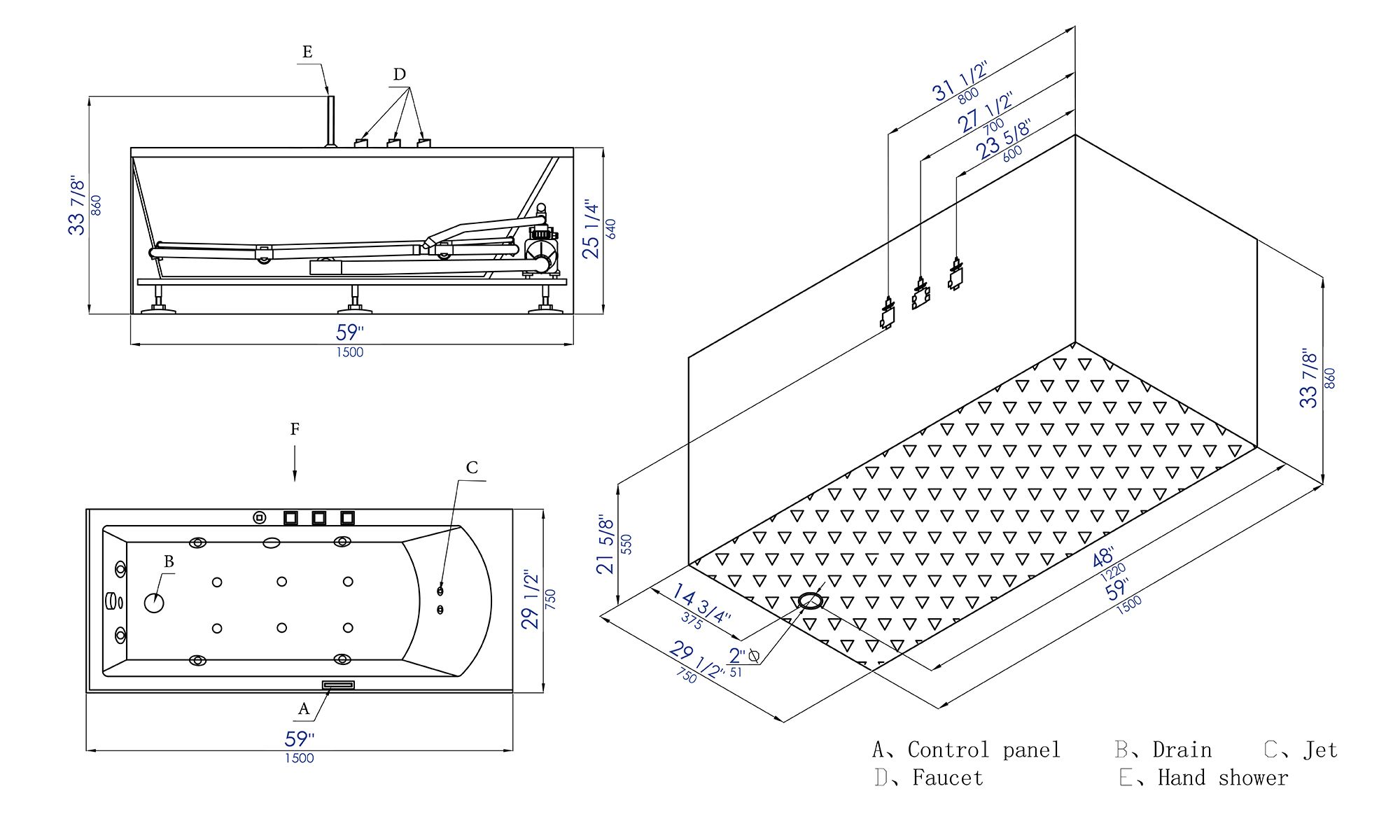 Alternate Image for Eago 59" Acrylic Corner Rectangle Bathtub with Fixtures, White, AM154ETL-L5