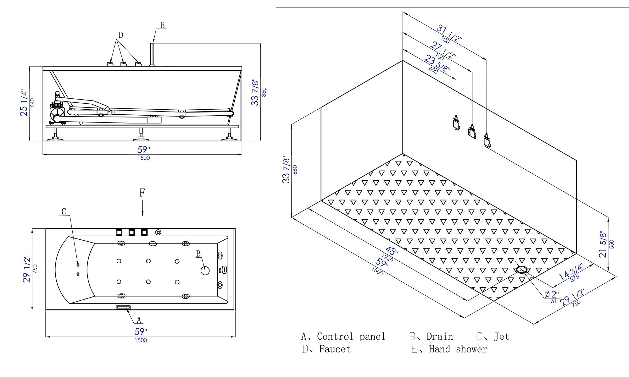 Alternate Image for Eago 59" Acrylic Corner Rectangle Bathtub with Fixtures, White, AM154ETL-R5