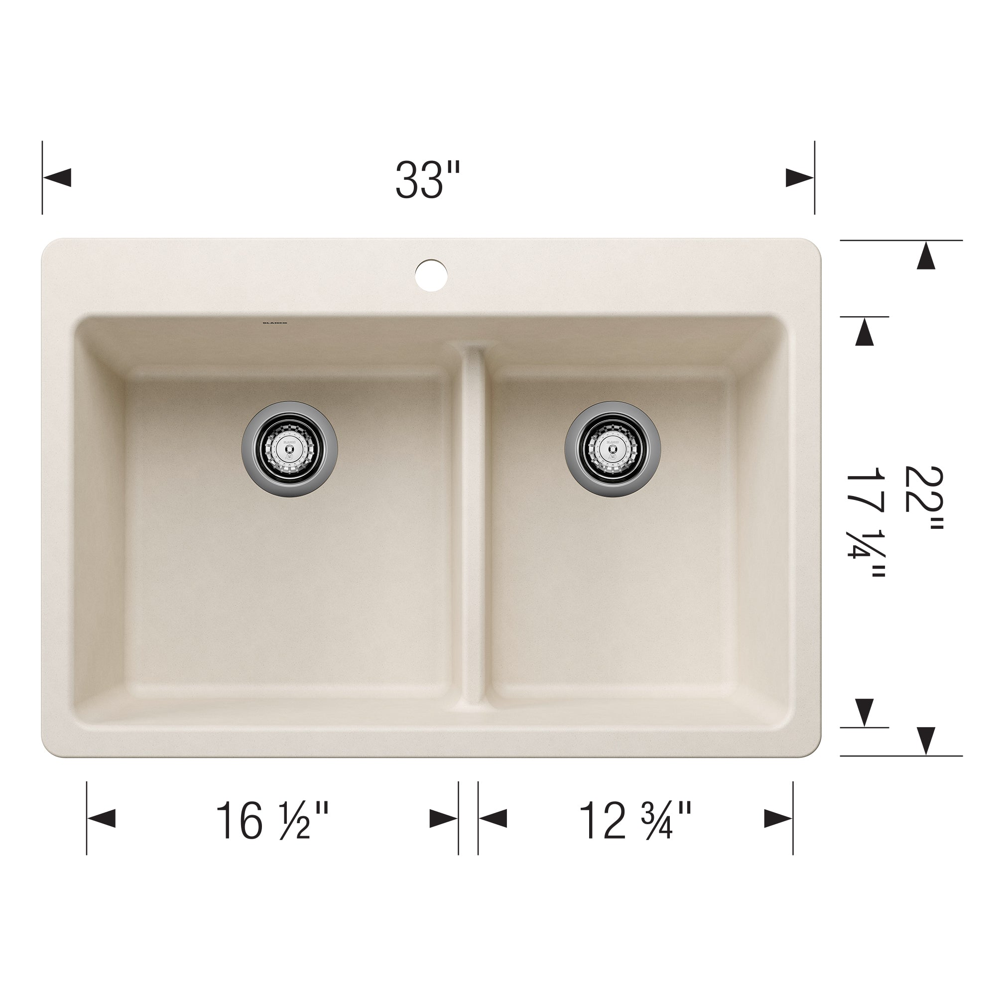 Blanco Liven 33" Dual Mount Silgranit Kitchen Sink, 60/40 Double Bowl, Soft White, 1 Faucet Hole, 443217