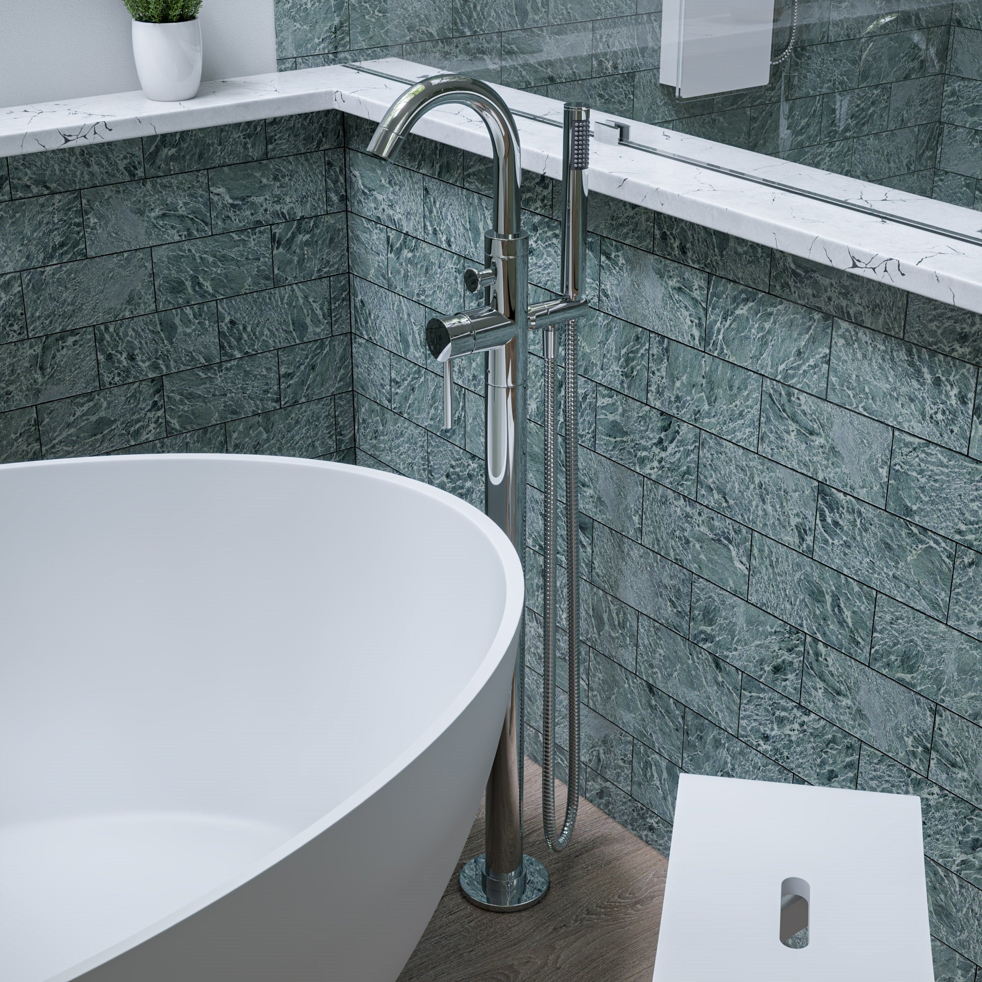 ALFI brand Brass, AB2534-PC Polished Chrome Single Lever Floor Mounted Tub Filler Mixer w Hand Held Shower Head