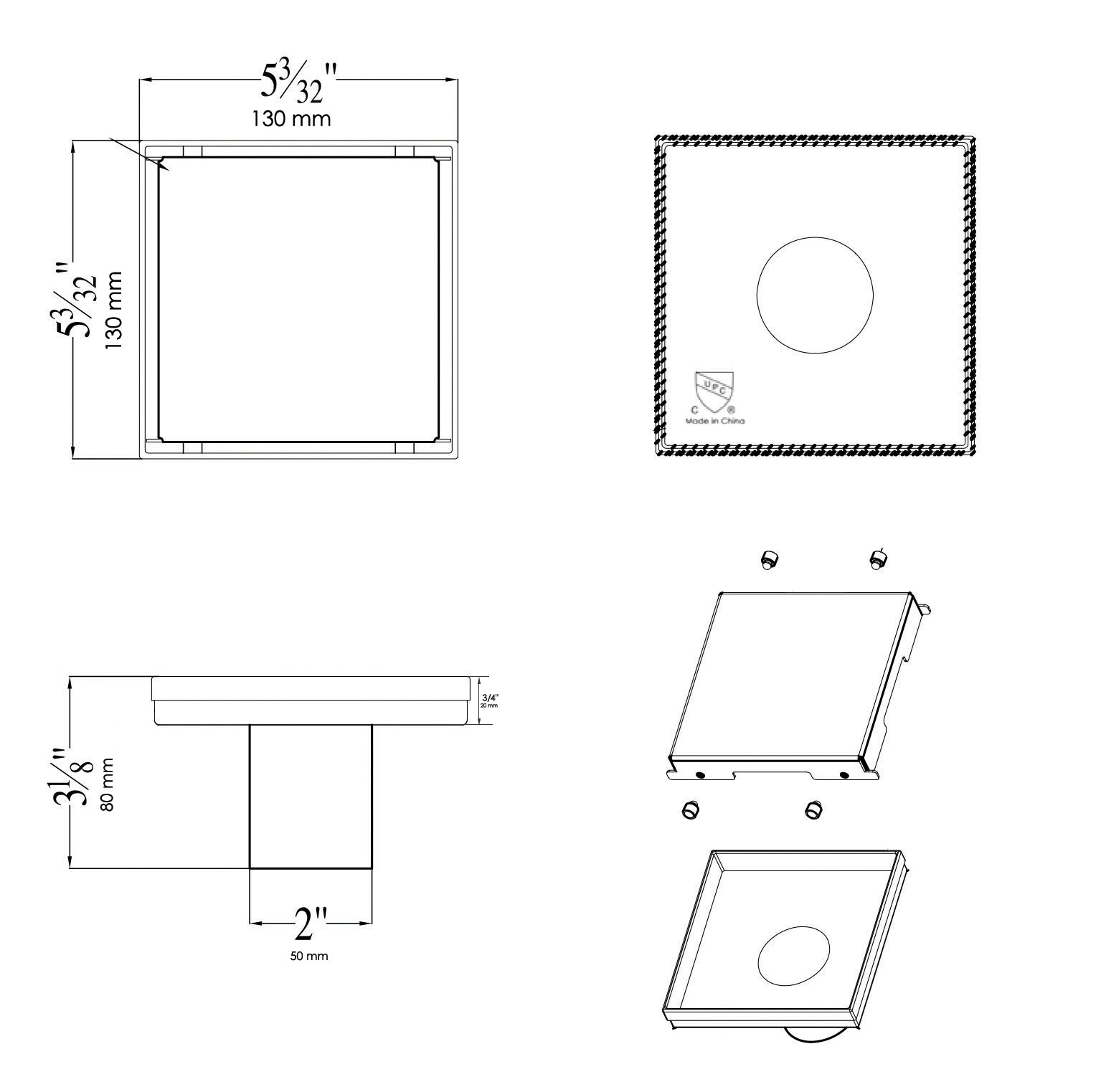 ALFI brand ABSD55B-BSS 5" x 5" Modern Square Polished Stainless Steel Shower Drain with Solid Cover, ABSD55B-PSS