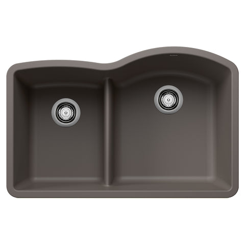 Blanco Diamond 32" Undermount Silgranit Kitchen Sink, 60/40 Double Bowl, Volcano Gray, No Faucet Hole, 443103