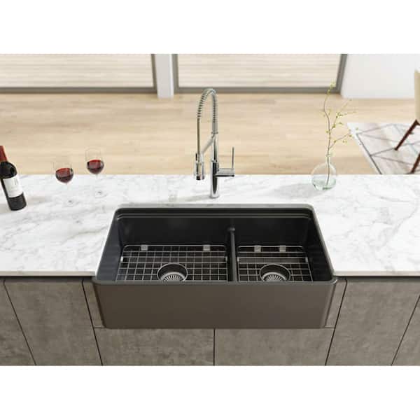 Latoscana 36" Double Bowl Fireclay Farmhouse Sink with Accessory Ledge, Black, LDL3619B