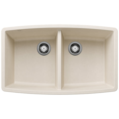 Blanco Performa 33" Undermount Silgranit Kitchen Sink, 50/50 Double Bowl, Soft White, No Faucet Hole, 443086