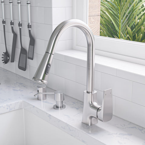 ALFI brand 1.8 GPM Lever Gooseneck Spout Touch Kitchen Faucet, Modern, Gray, Pull Down, Brushed Nickel, ABKF3889-BN
