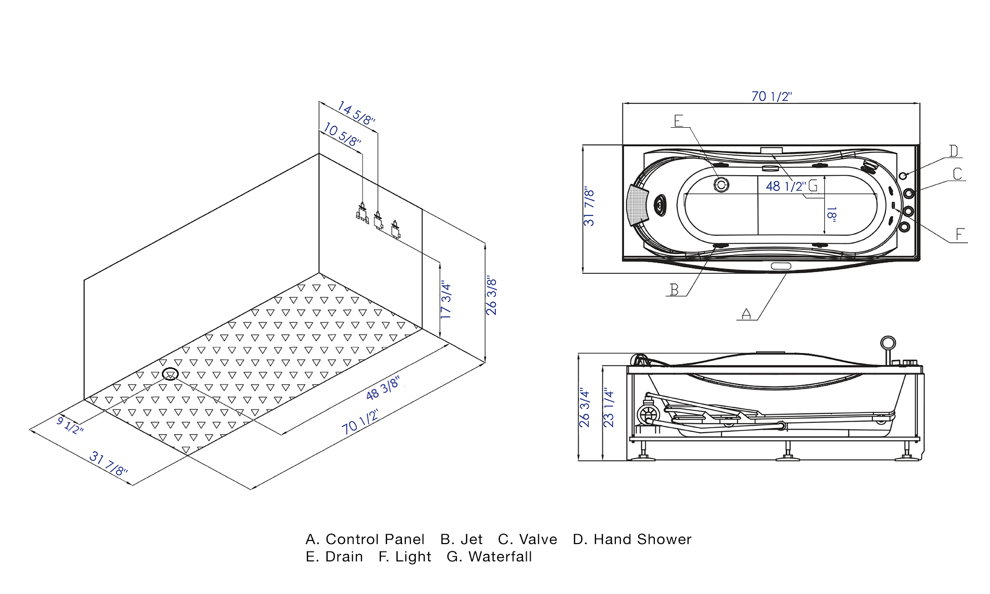 Eago 71" Acrylic Corner Rectangle Bathtub with Fixtures, White, AM189ETL-R