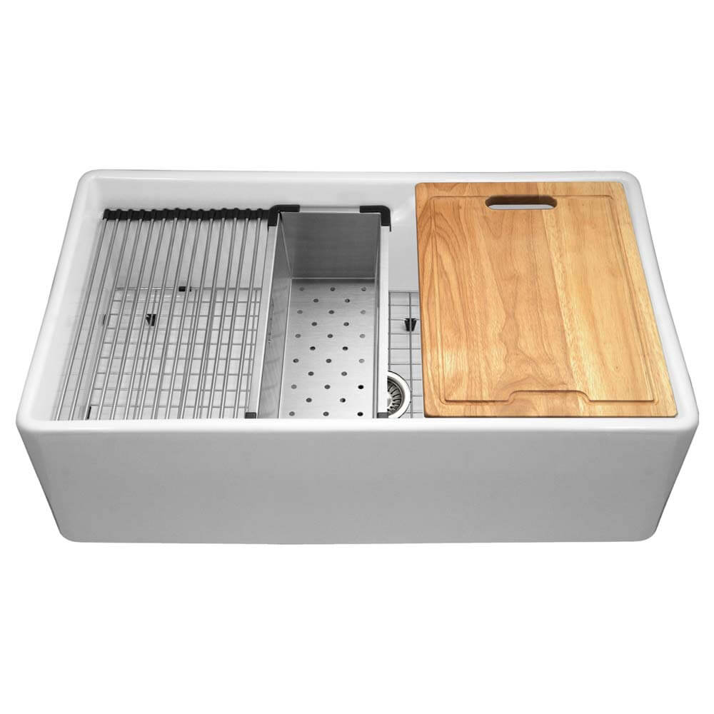 HamatUSA by Houzer Chelsea 33" Apron-Front Split-Level Workstation Single Bowl Fireclay Sink - White, CHE-3320SAW WH-C