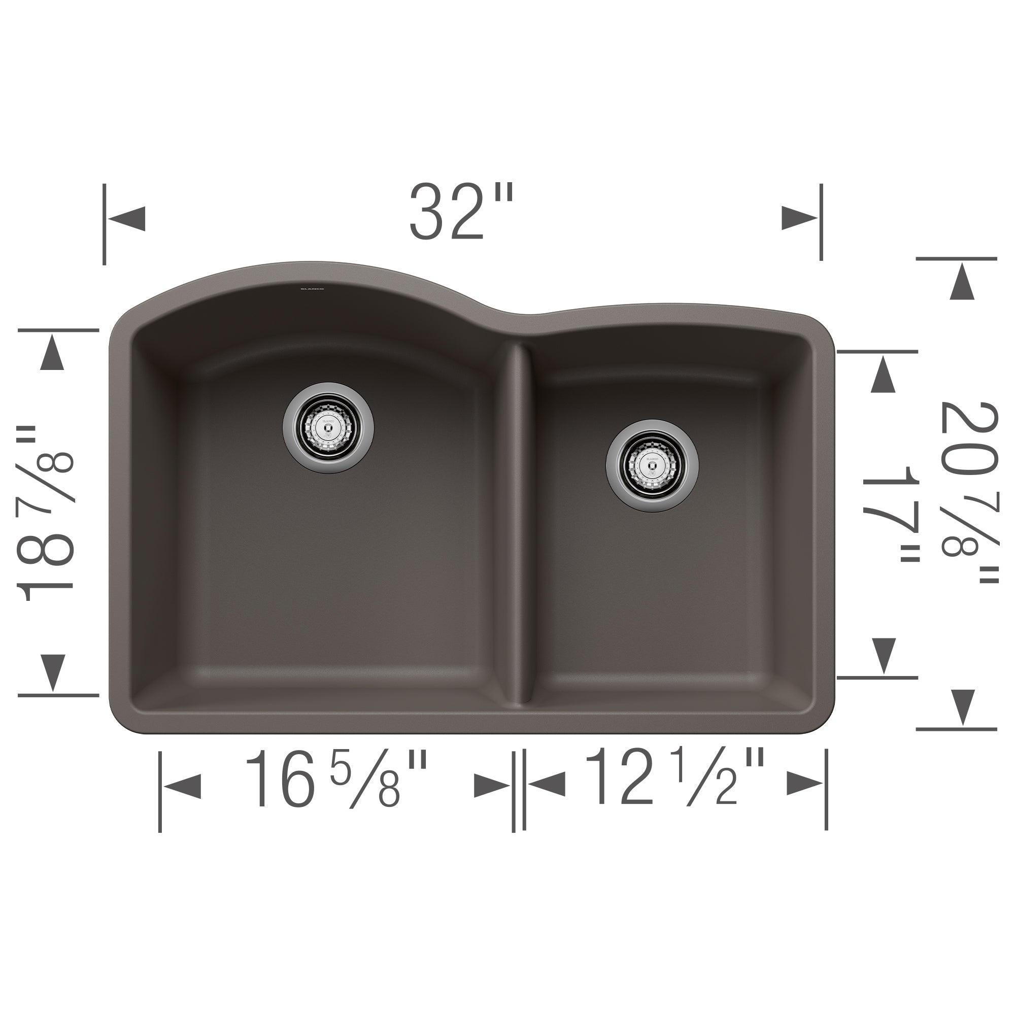 Blanco Diamond 32" Undermount Silgranit Kitchen Sink, 60/40 Double Bowl, Volcano Gray, No Faucet Hole, 443101