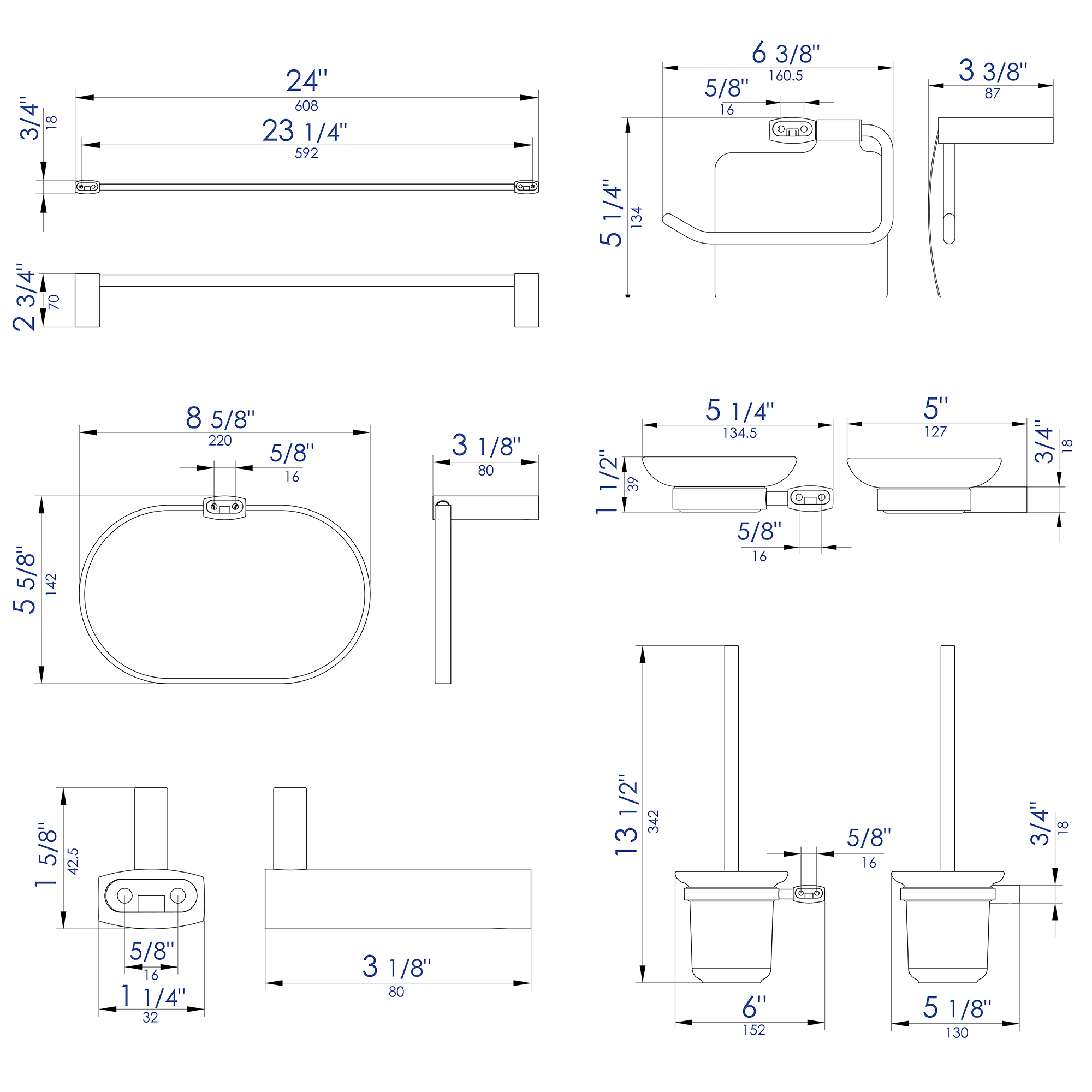 ALFI brand Brass, AB9503-PC Polished Chrome 6 Piece Matching Bathroom Accessory Set